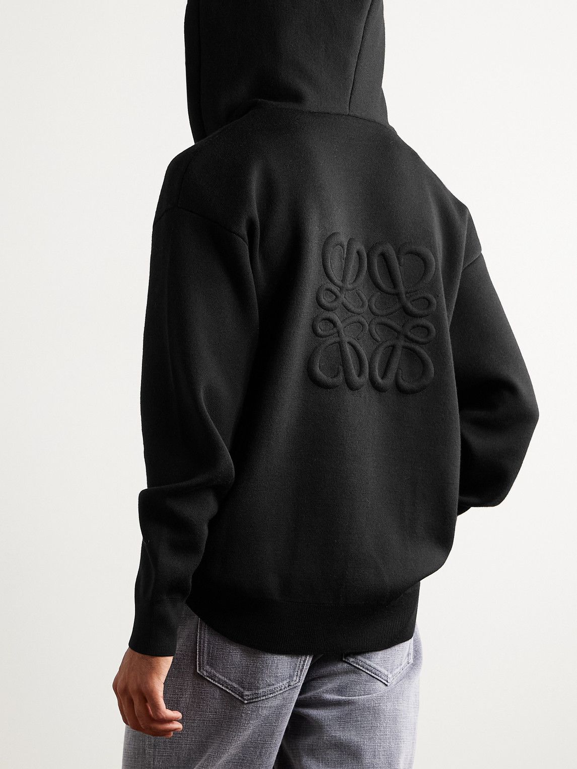 Loewe Black Hoodie — Embossed Anagram Logo on Back, Ribbed Cuffs