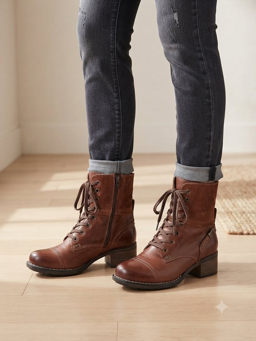Taos Footwear Cognac Brown Combat Boots — Lace-up Front, Cap Toe