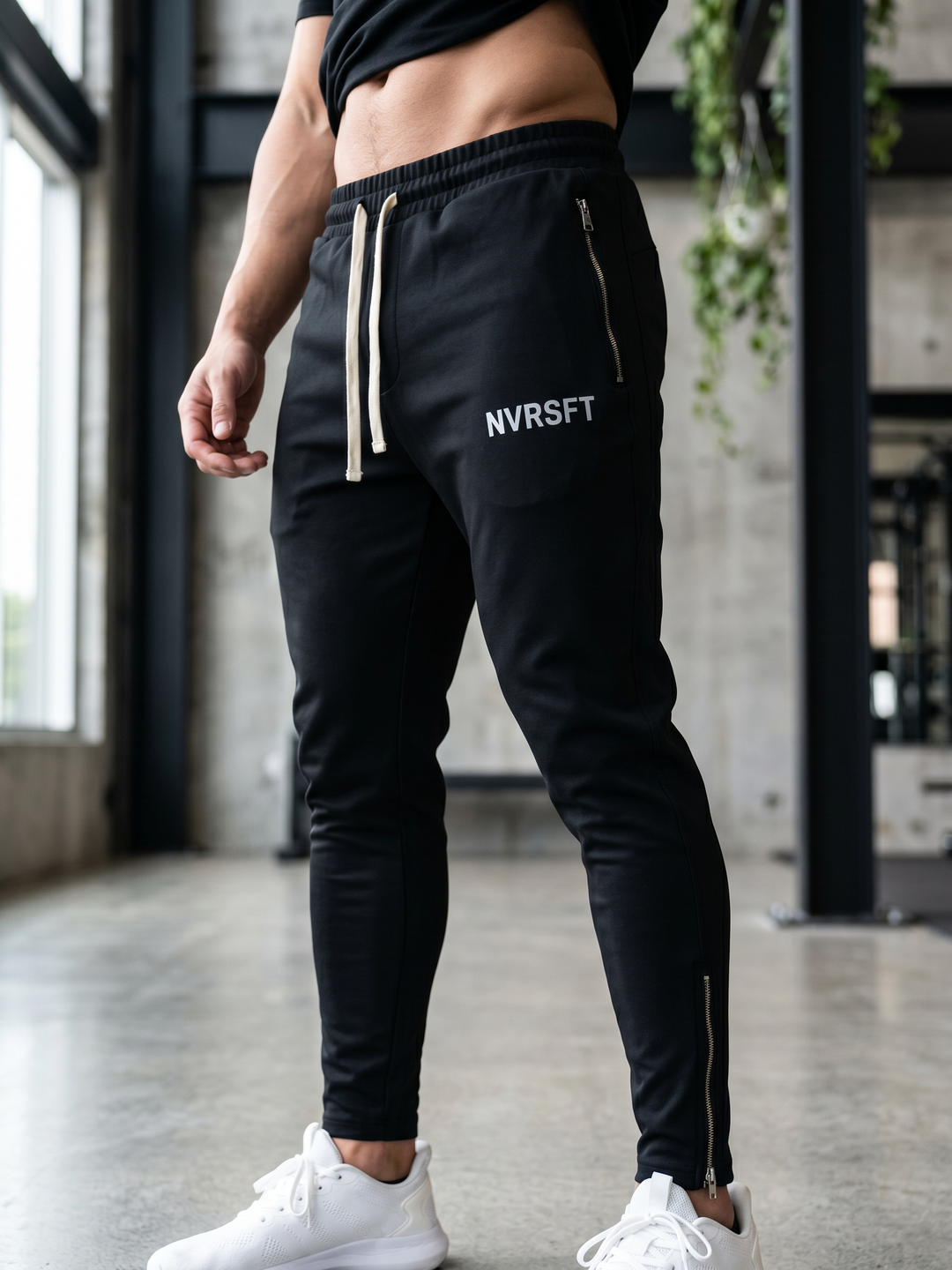 NVRSFT black joggers — elastic waistband, cream drawstring, zippered side pockets, ankle zippers, logo print