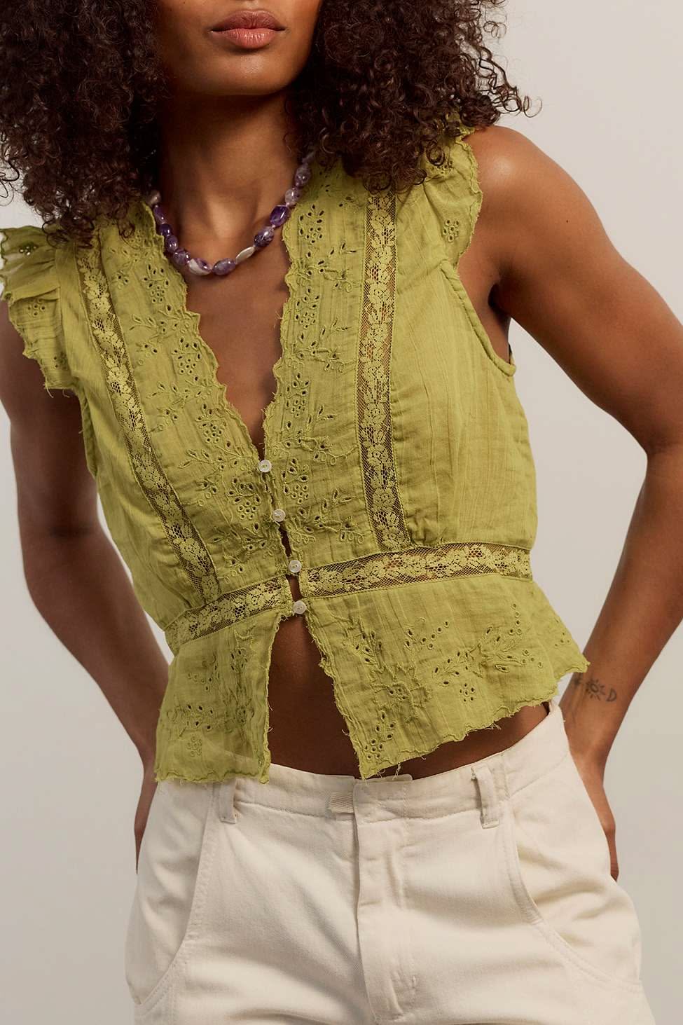 Free People Olive Green Blouse — V-neck, Button-front, Lace Trim