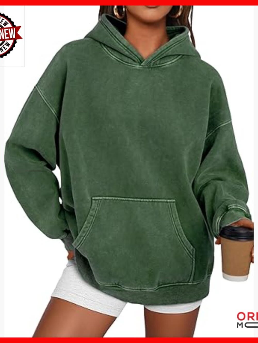 Casual Forest Green Mineral Wash Hoodie — Front Pouch Pocket, Drop