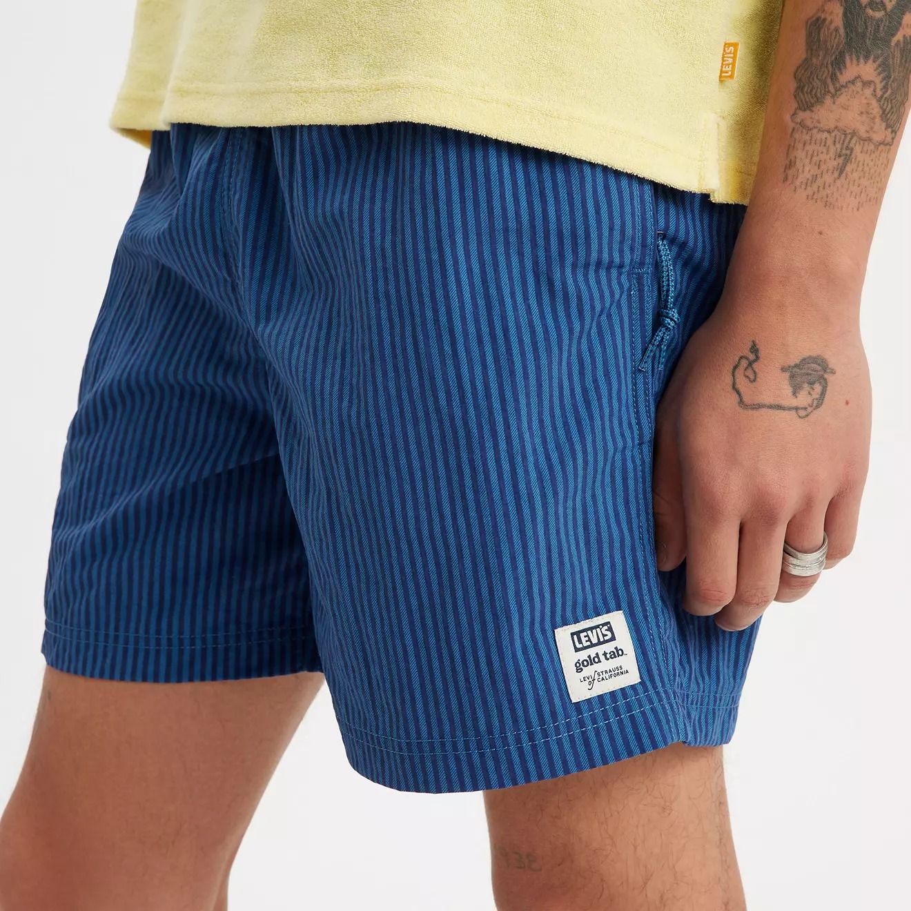 Levi's Blue Nylon Shorts — Elastic Waistband, Vertical Pinstripe