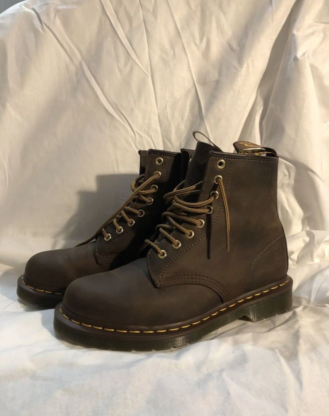Dr. Martens Dark Brown Combat Boots — Yellow Welt Stitching, Lace-up