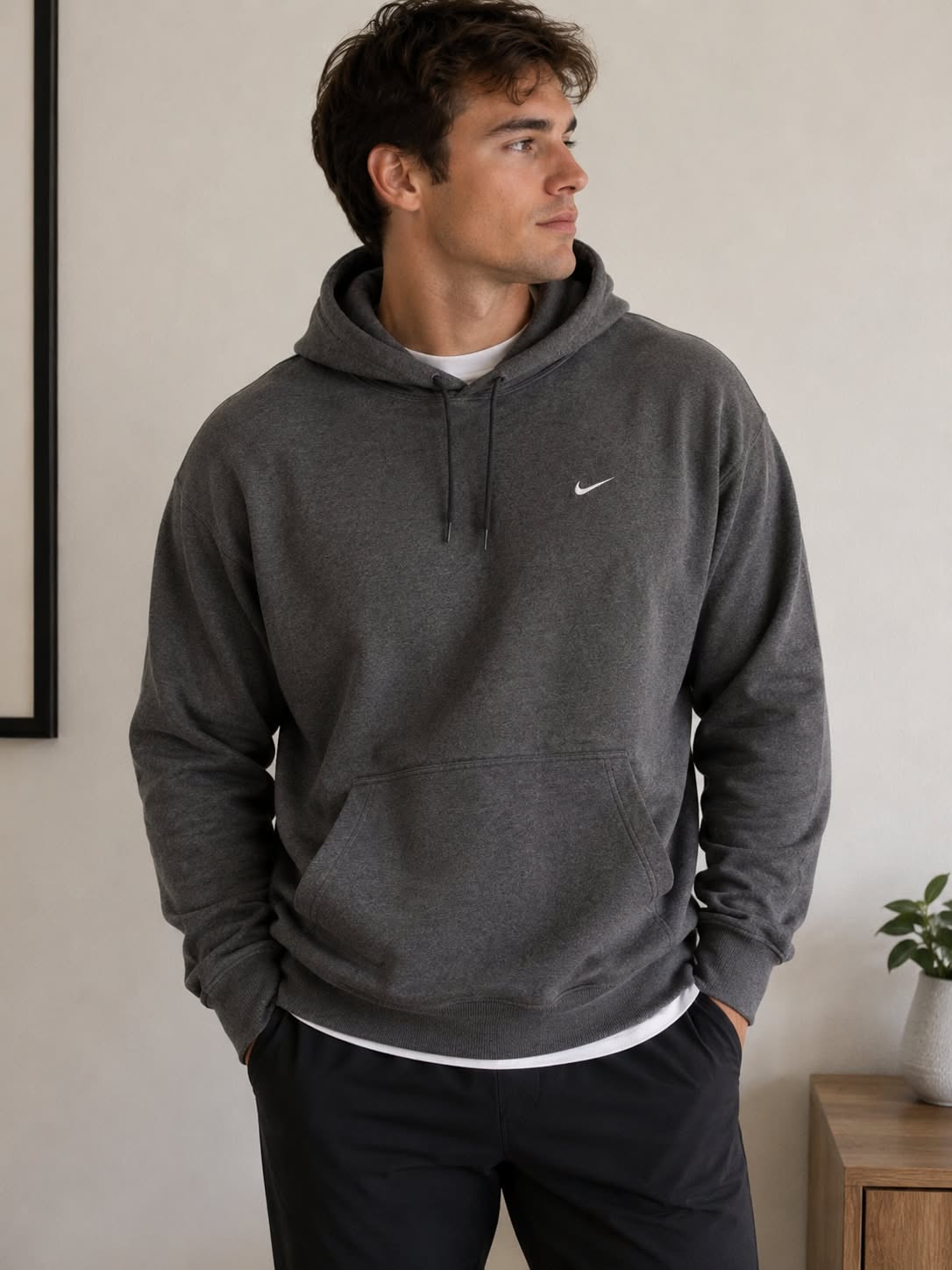 Nike Charcoal Gray Pullover Hoodie — Drawstring Hood, Front Kangaroo