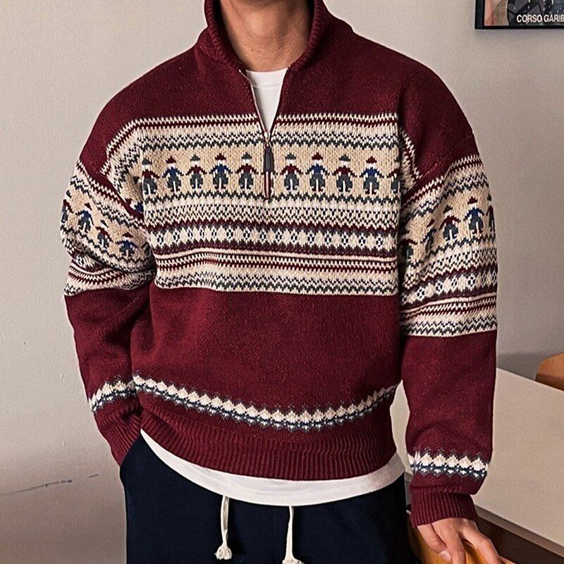 Casual Burgundy Quarter-zip Sweater — Quarter-zip Closure, Stand