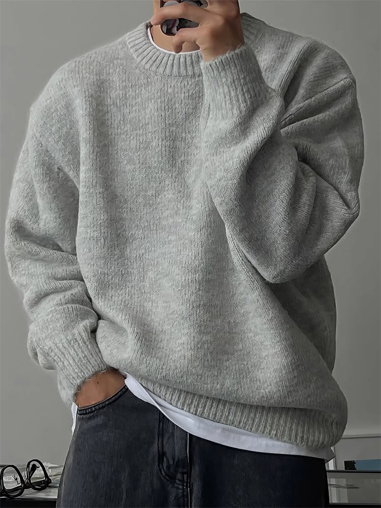 Minimalist Light Grey Sweater — Crew Neckline, Ribbed Collar Cuffs