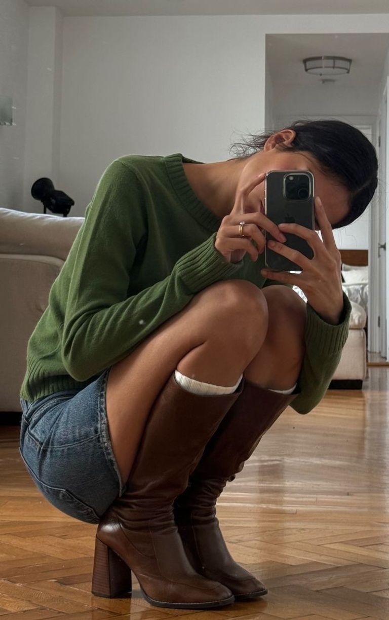 Casual, Preppy, Fall Olive Green, Blue Denim, Dark Brown Sweater