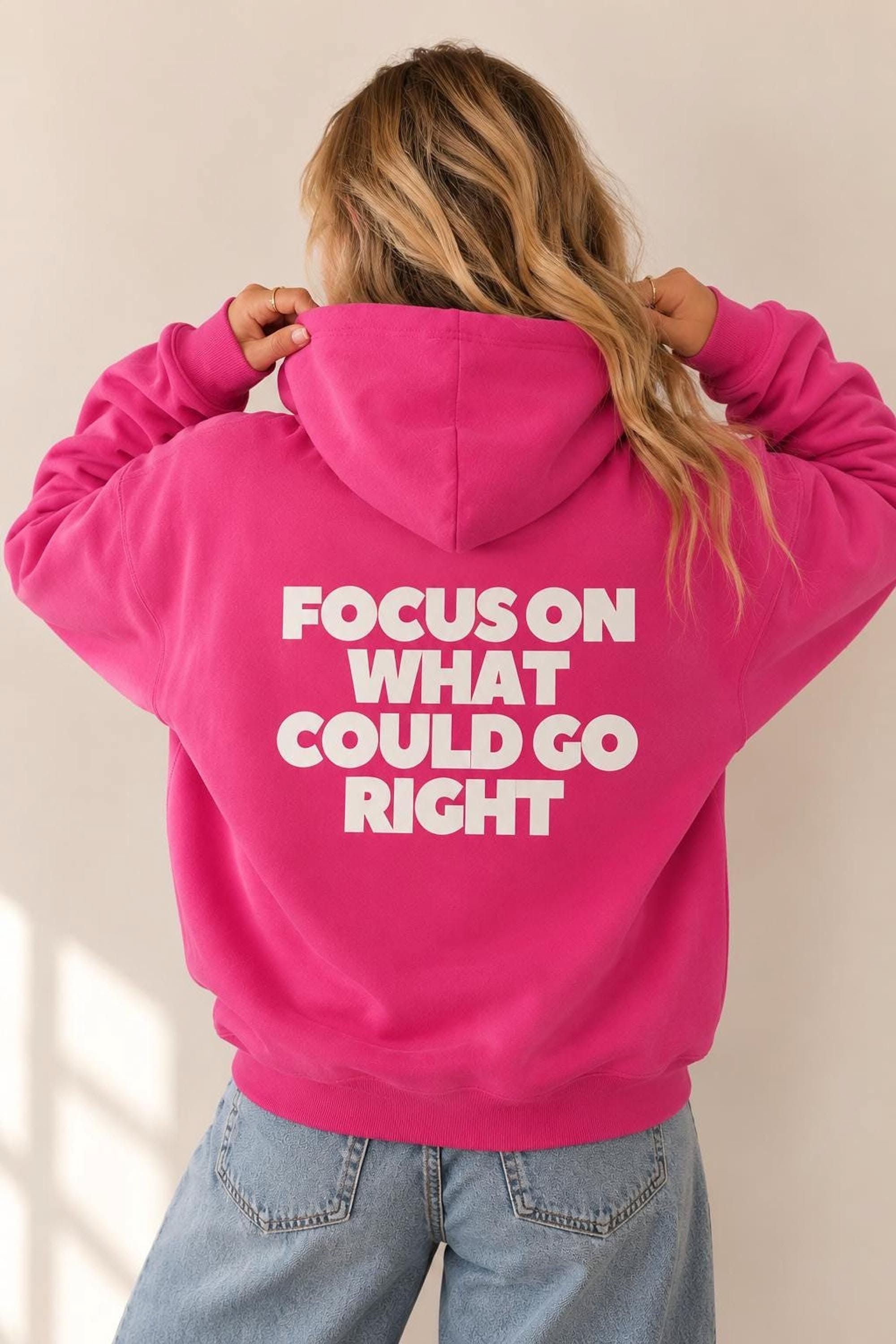 Casual Hot Pink Hoodie — White Text Print on the Back Reading 'focus