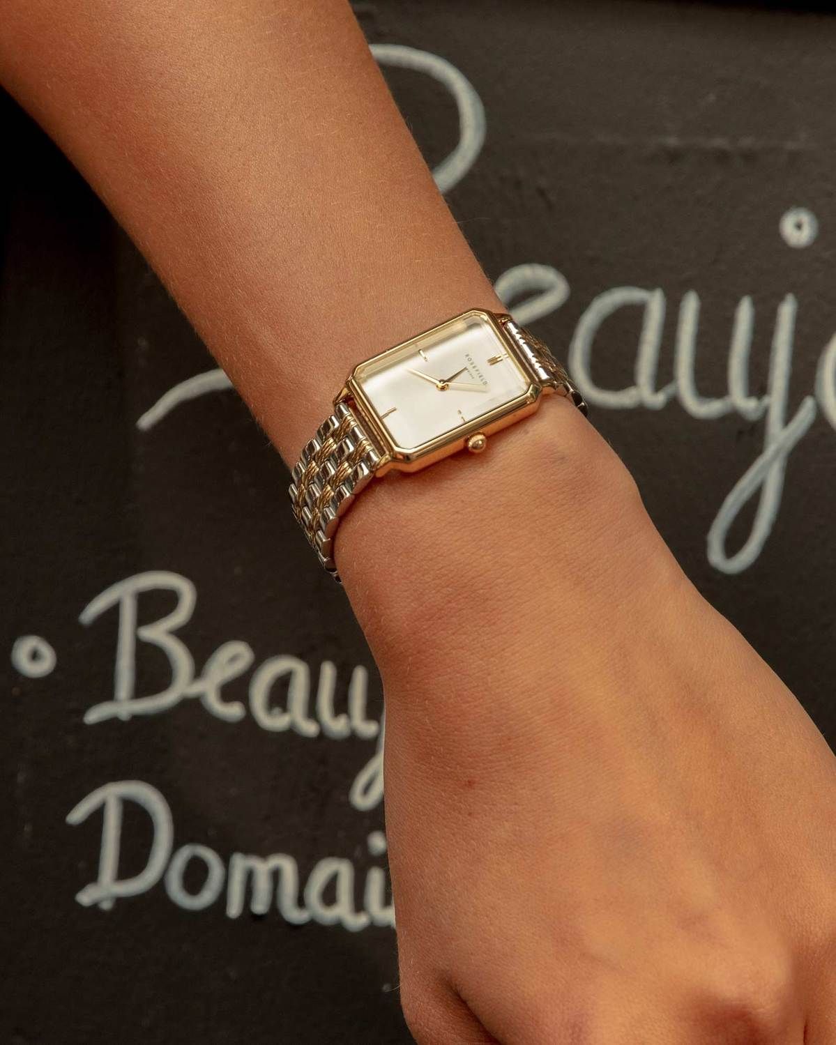 Rosefield Gold and Silver Two-tone Watch — Rectangular Case, White