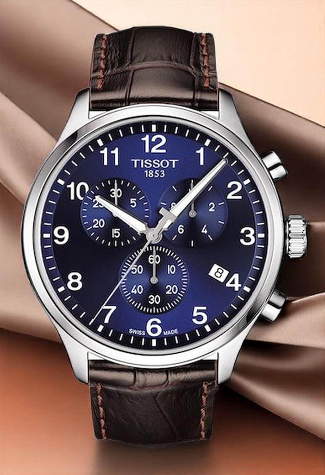 Tissot Dark Blue Dial, Silver Case, Dark Brown Strap Watch