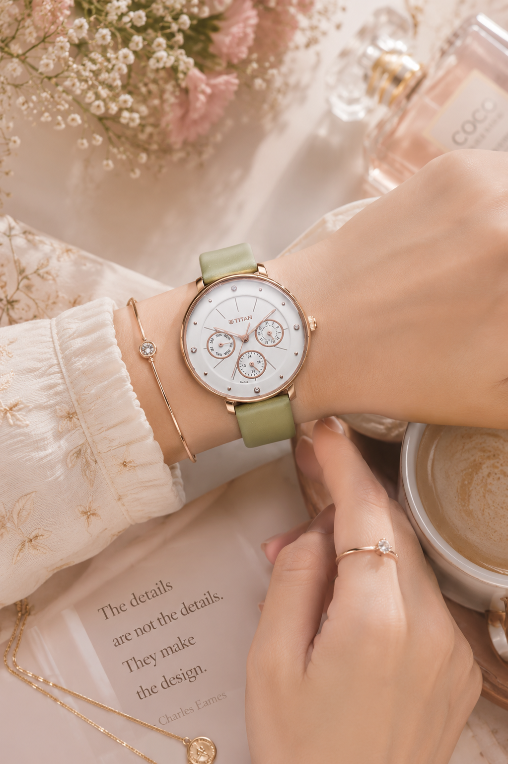 Titan sage green strap, rose gold case, white dial watch — round case, rose gold tone, white dial, sub-dials, crystal hour markers, buckle closure