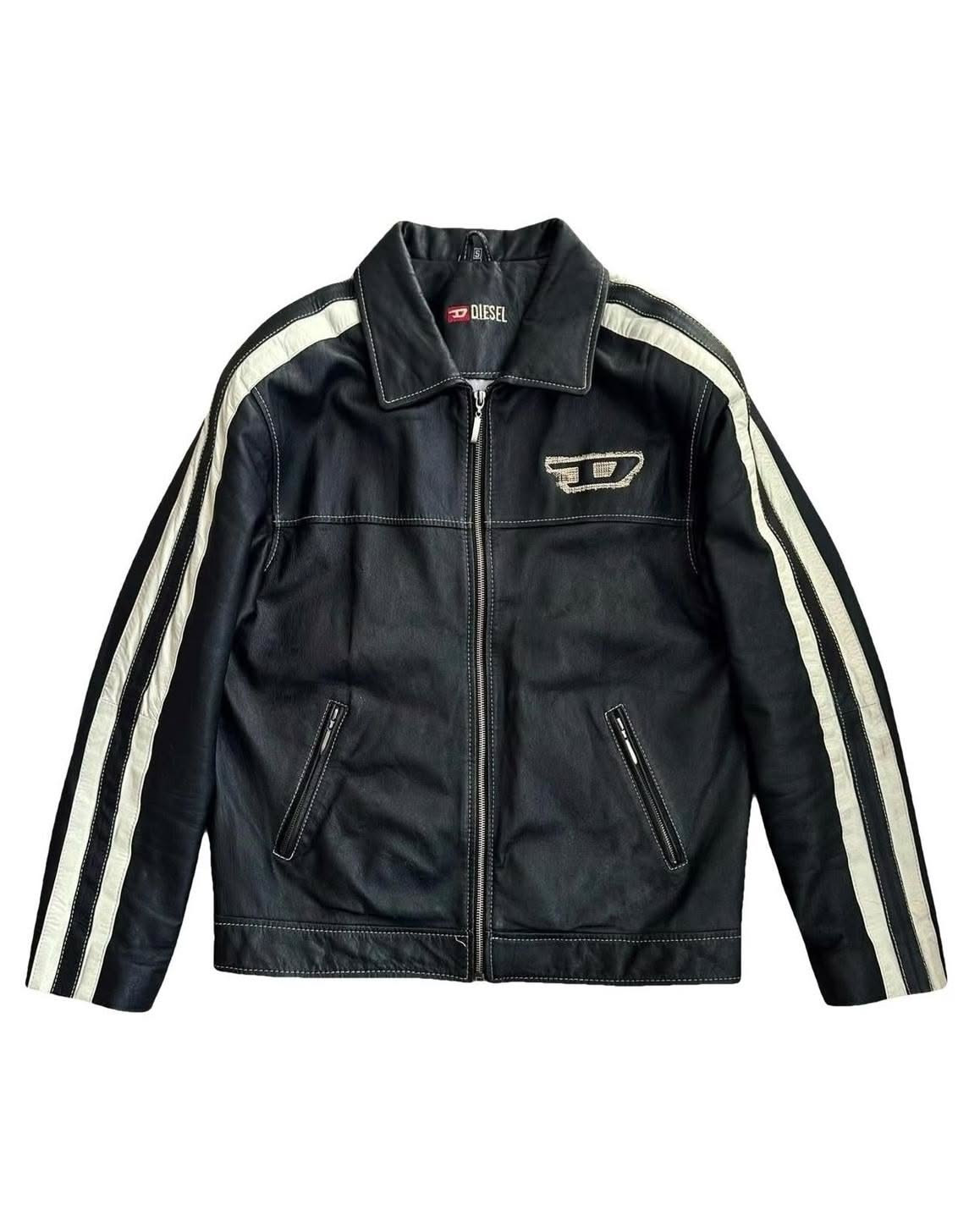 Diesel Black and White Leather Jacket — White Racing Stripes Down