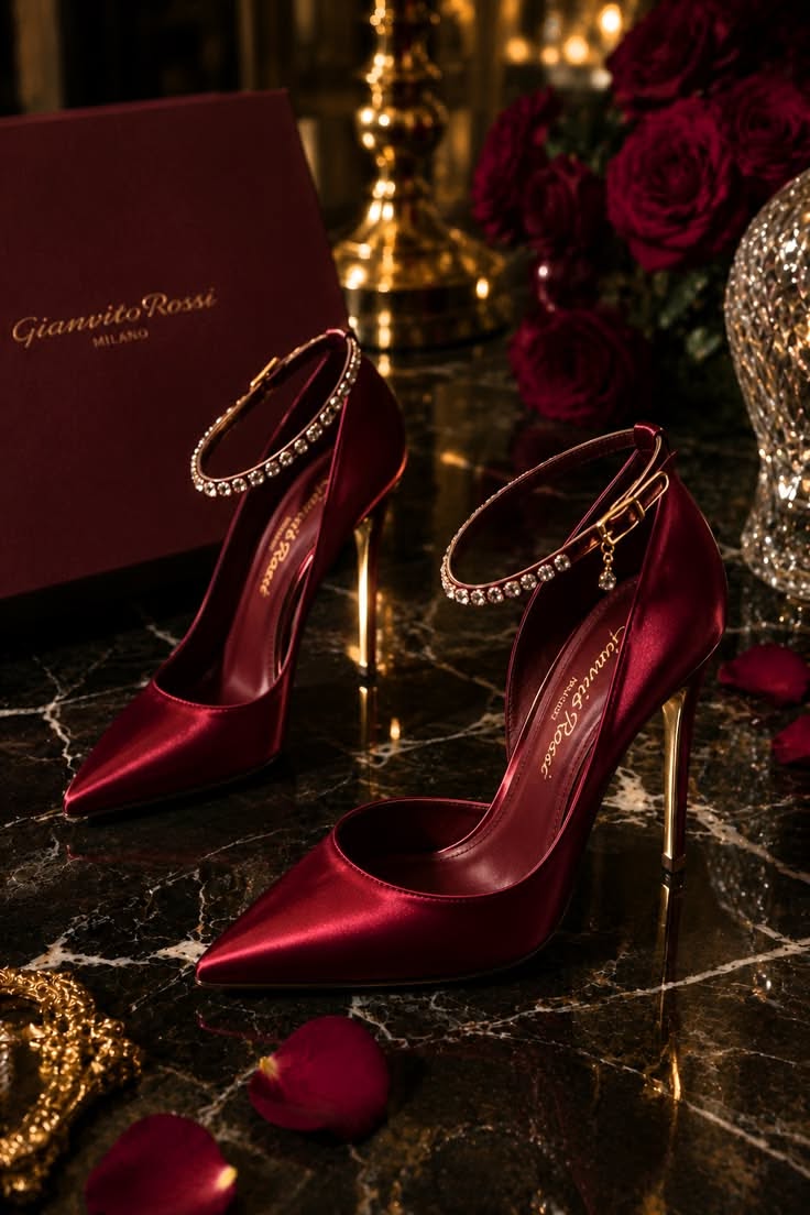Gianvito Rossi Burgundy Satin Heels — Crystal-embellished Ankle