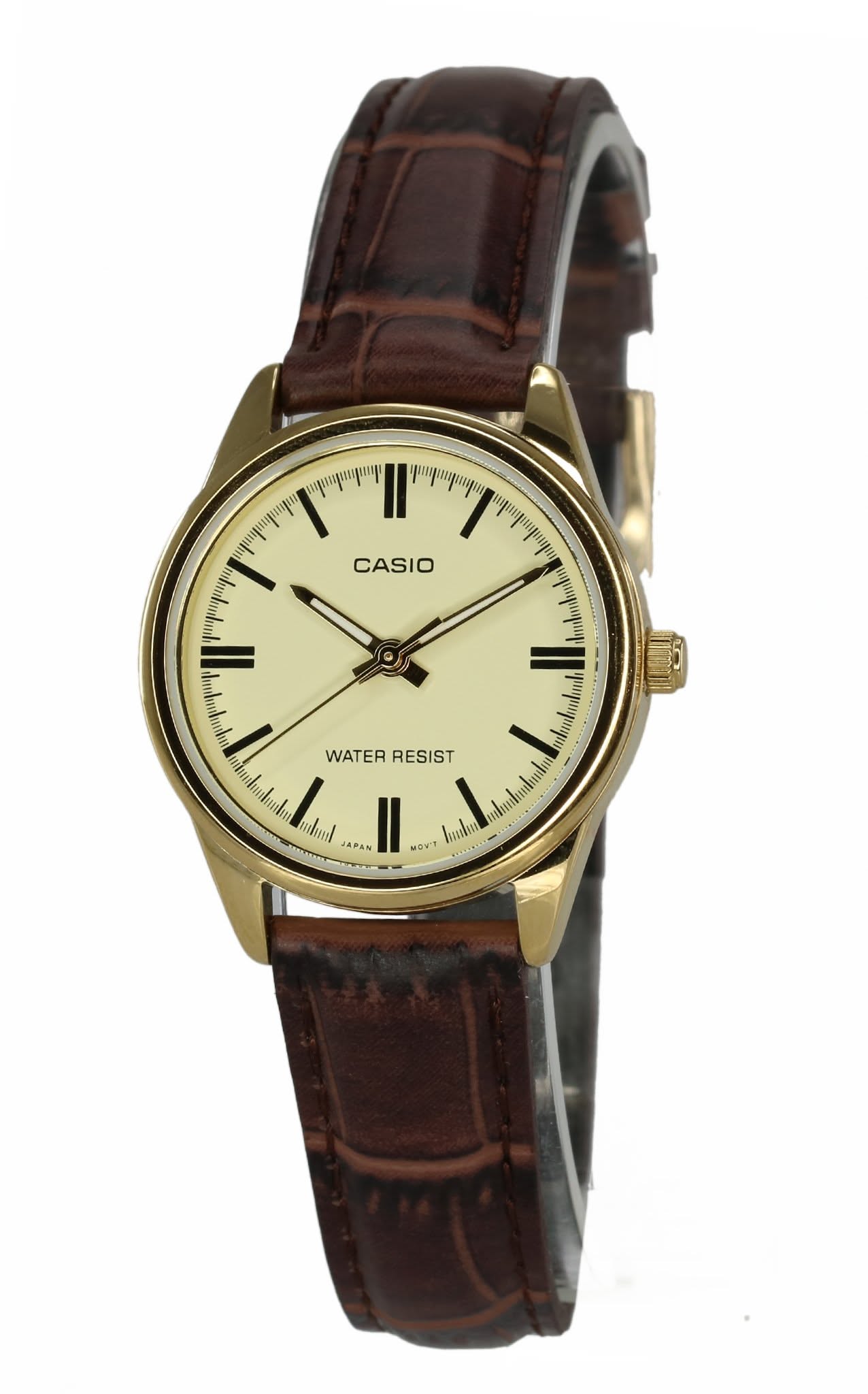 Casio gold-tone and brown watch — round gold-tone case, cream dial, black stick hour markers, minute track, three hands, textured brown leather strap, water resistant
