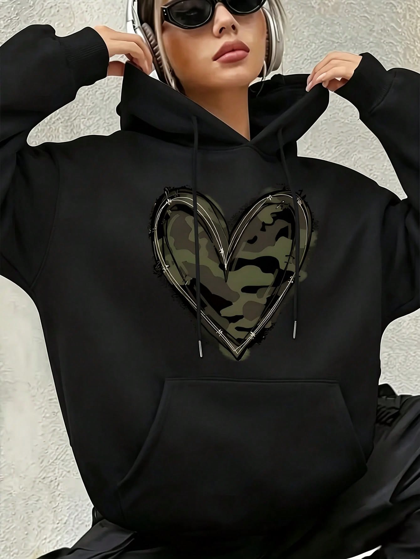 Streetwear Black Hoodie Sweatshirt — Drawstring Hood, Kangaroo