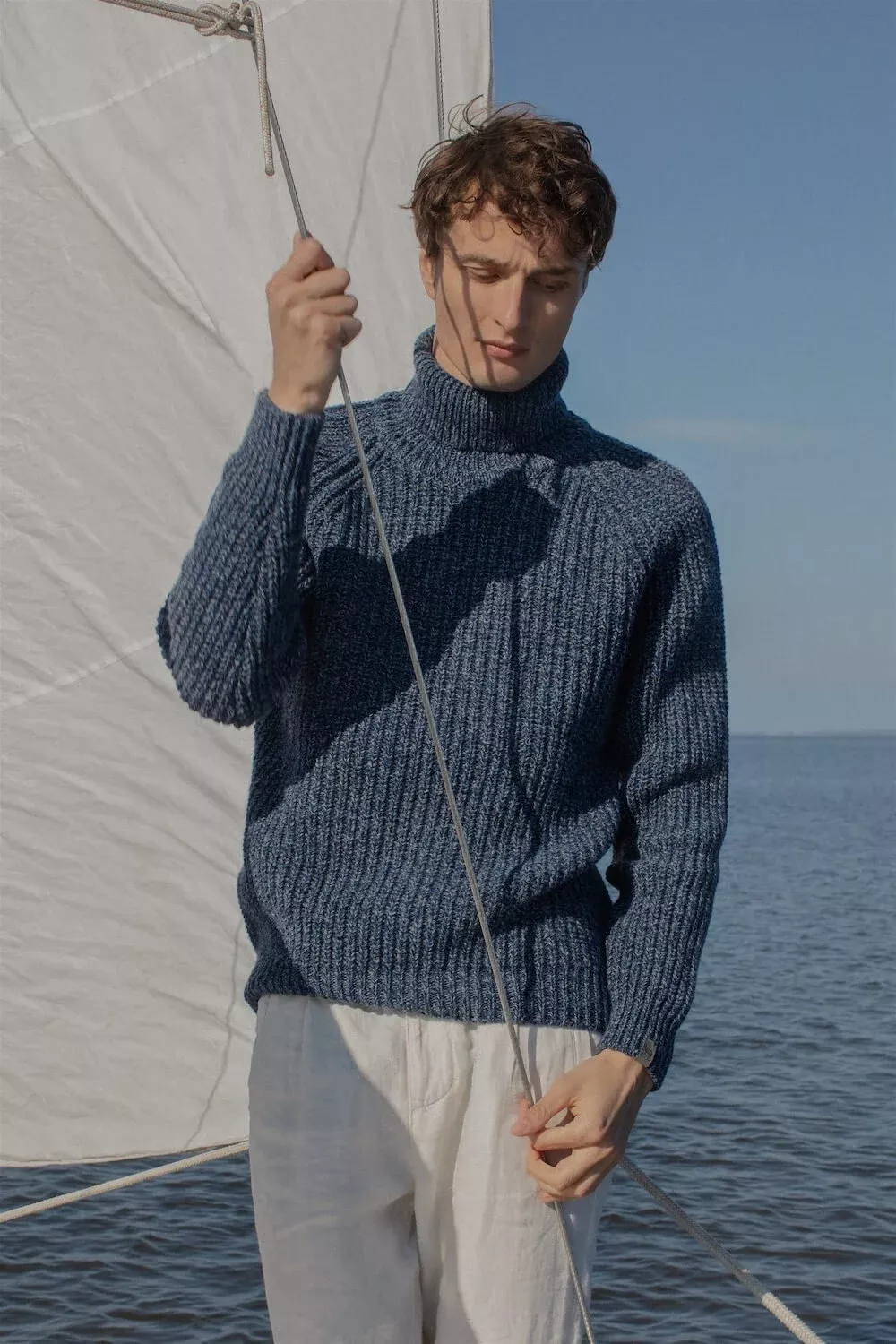 Casual Heathered Blue Turtleneck Sweater — Ribbed Turtleneck, Long