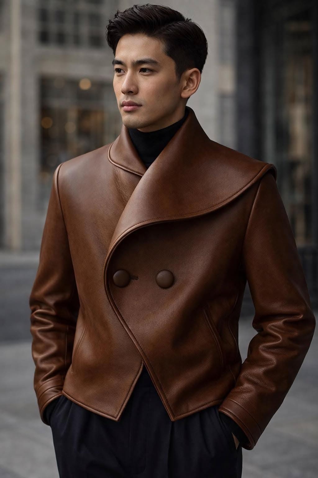 Luxury Cognac Brown Leather Jacket — Double-breasted Closure