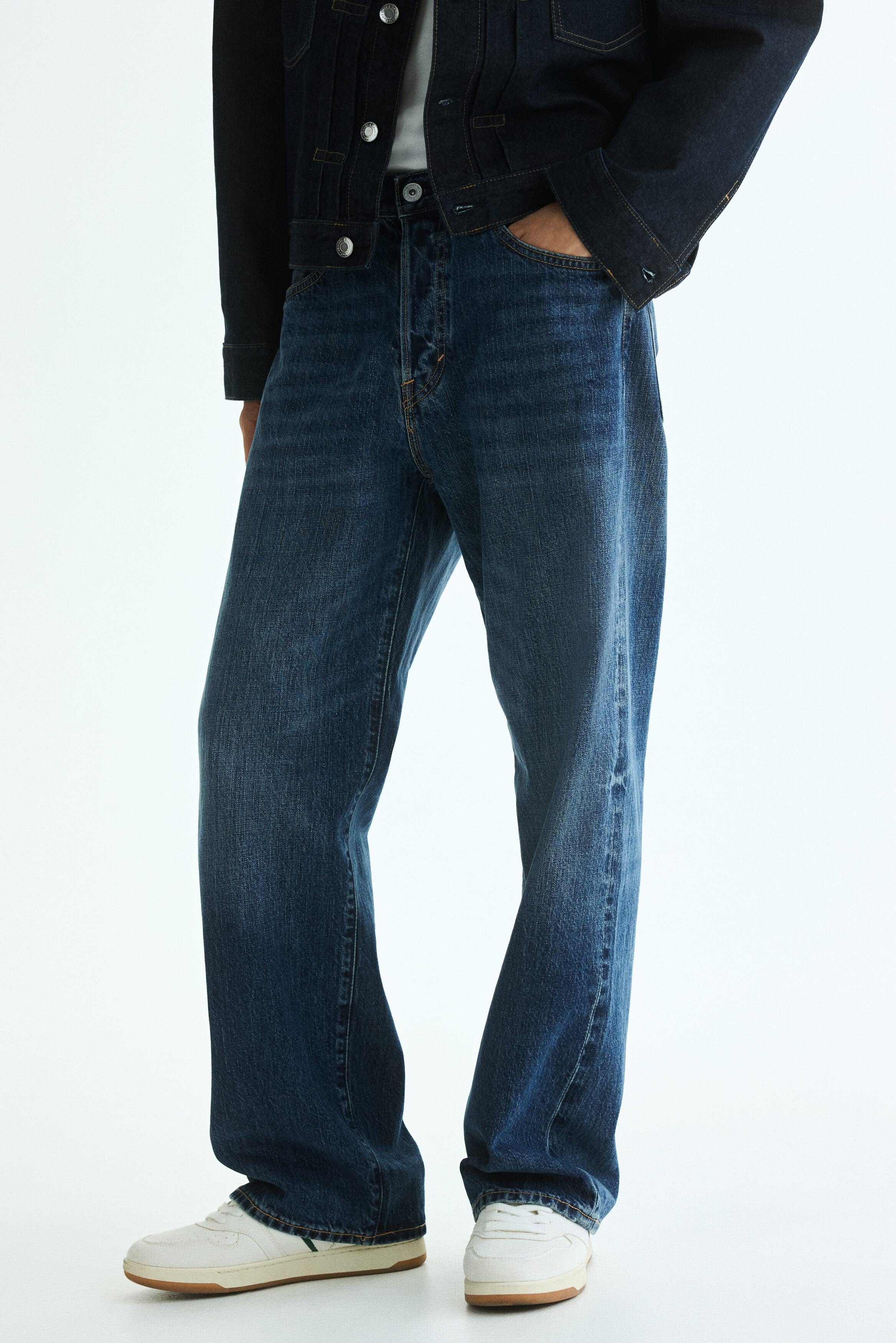 Casual Dark Wash Blue Jeans — Five-pocket Style, Button Fly, Subtle