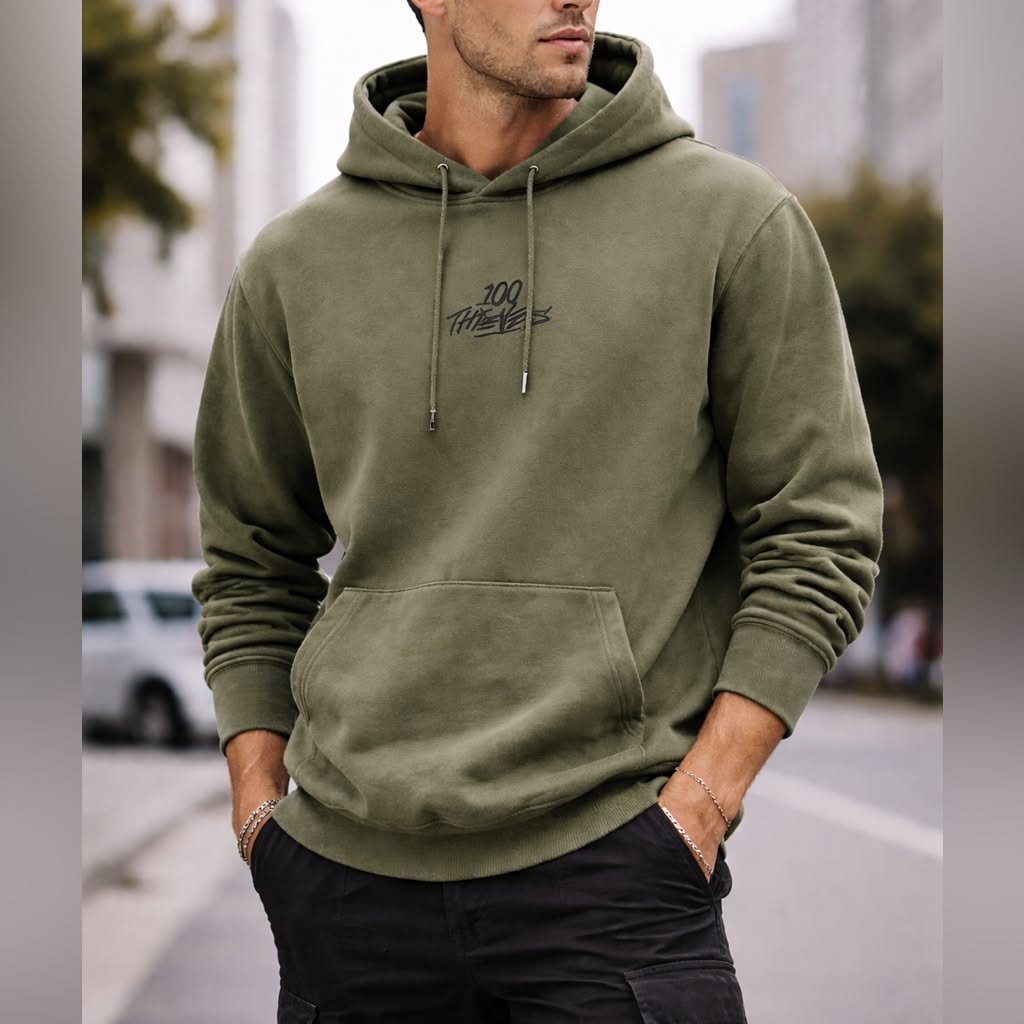 100 Thieves Olive Green Hoodie — Drawstring Hood, Kangaroo Pocket