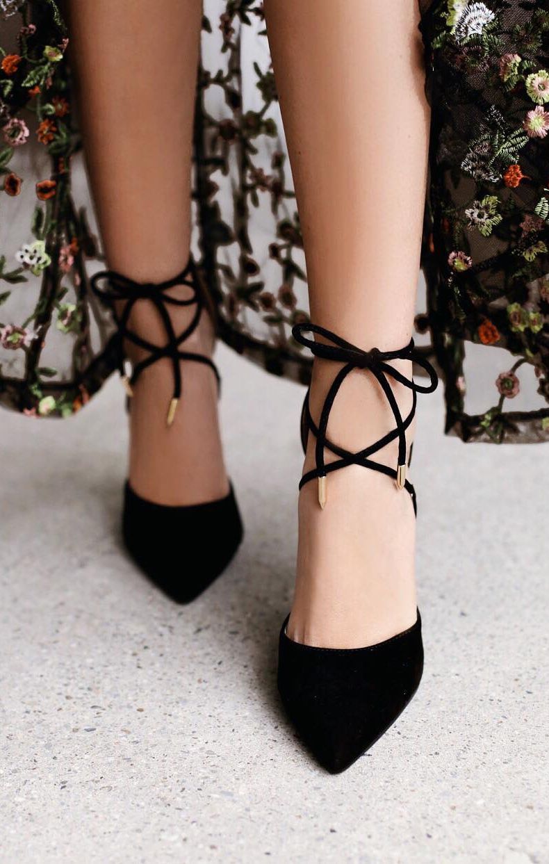 elegant black heels — lace-up ankle straps, gold aglets, high heel