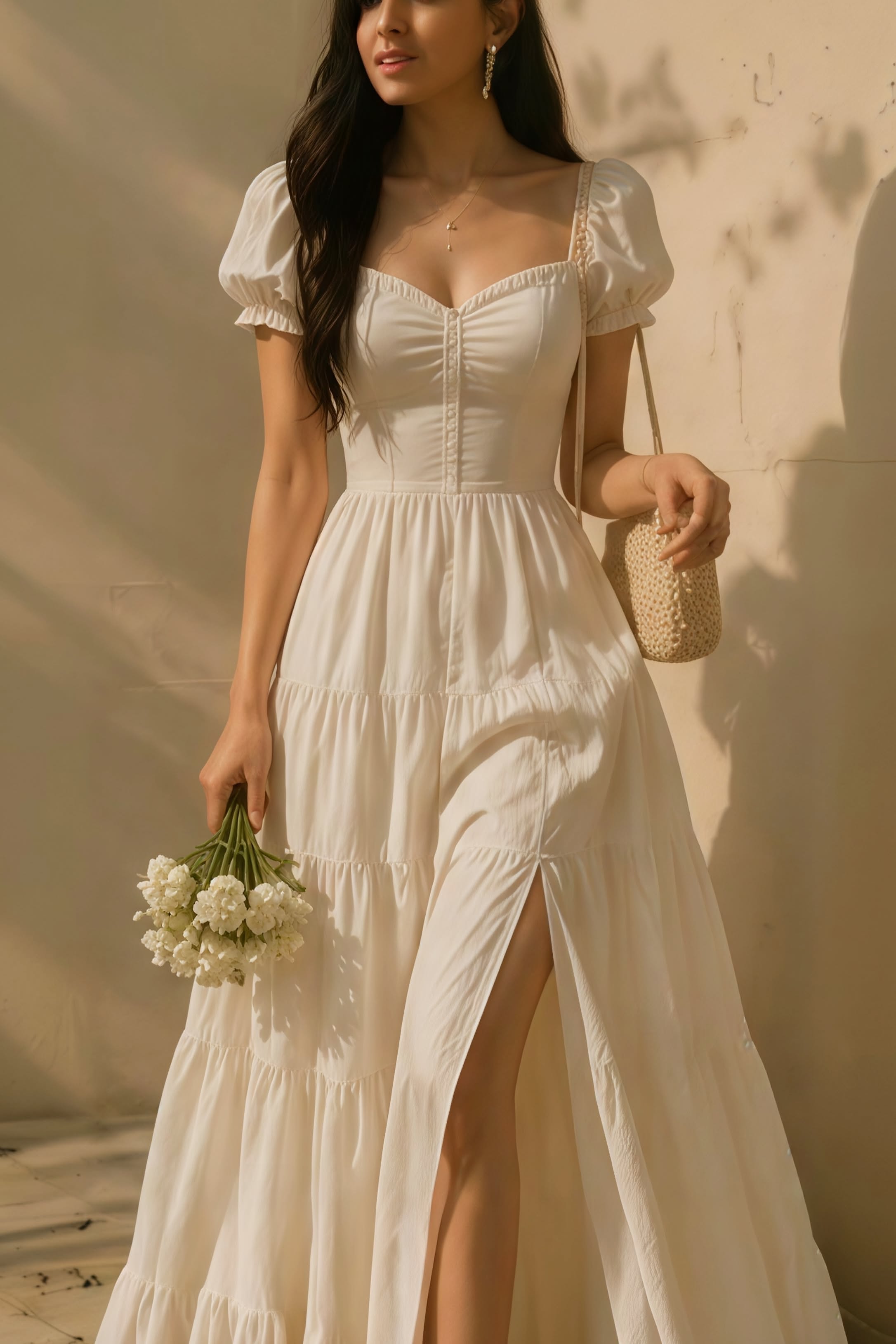 Minimalist Ivory White Midi Dress — Sweetheart Neckline, Ruched