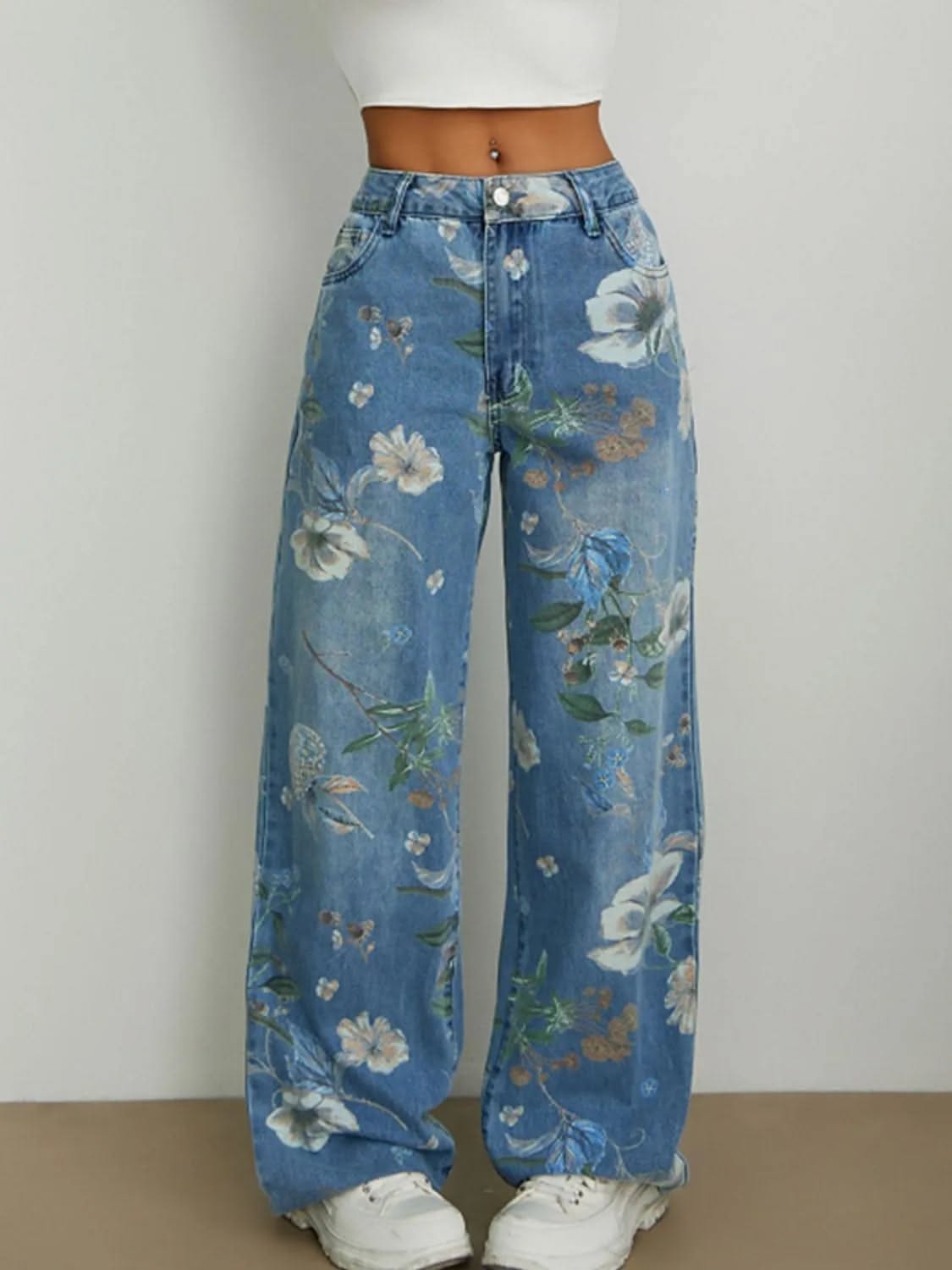 Casual Light Blue Wash Jeans — Floral Print, Button and Zip Fly