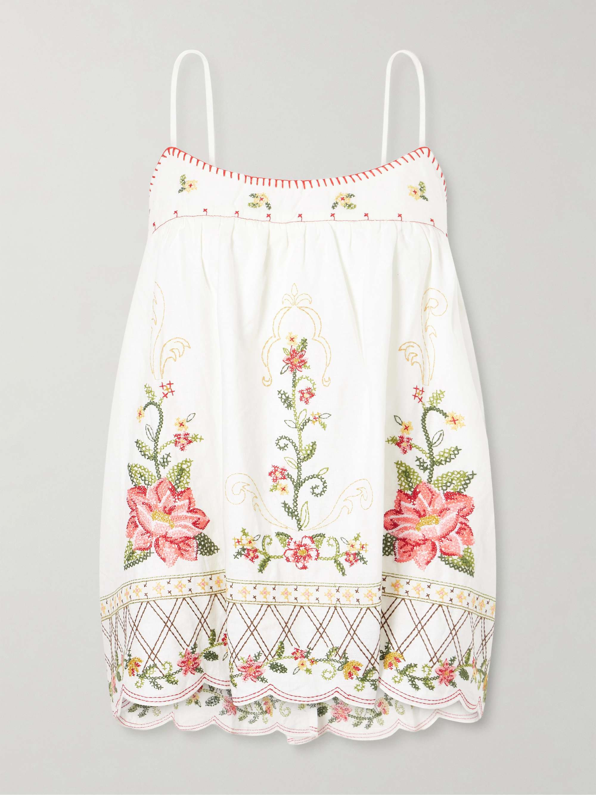 FARM RIO Floral-embroidered linen-blend cami