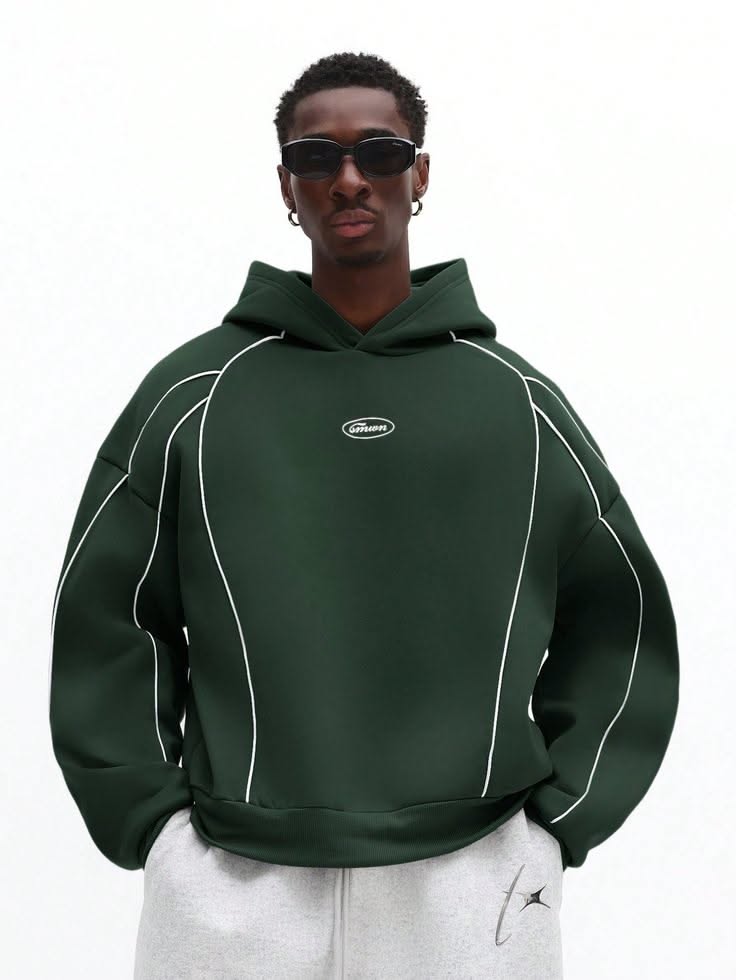 SUMWON dark forest green hoodie — white contrast piping details, raglan sleeves, ribbed cuffs and hem, embroidered chest logo
