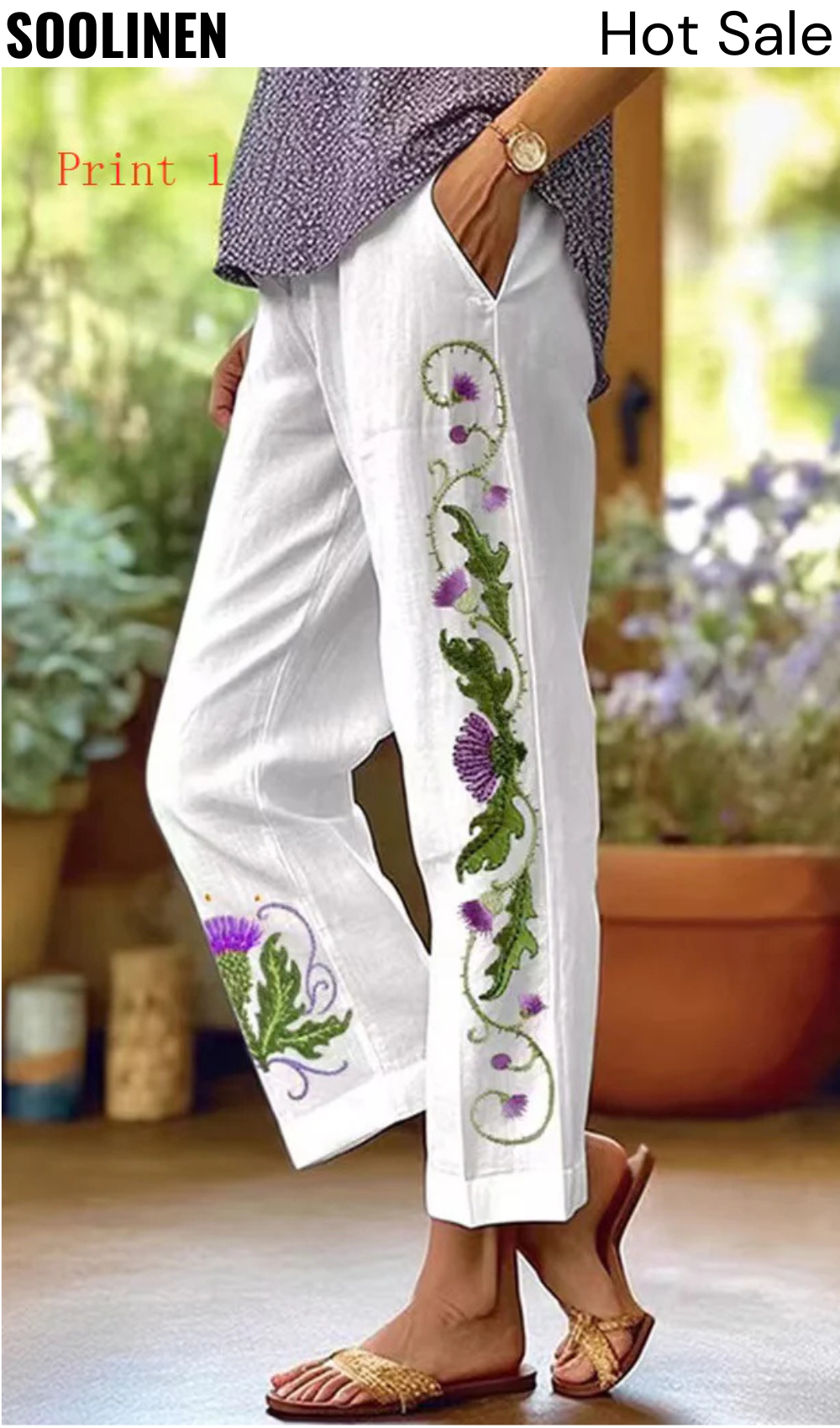 Soolinen White with Green and Purple Embroidery Casual Pants