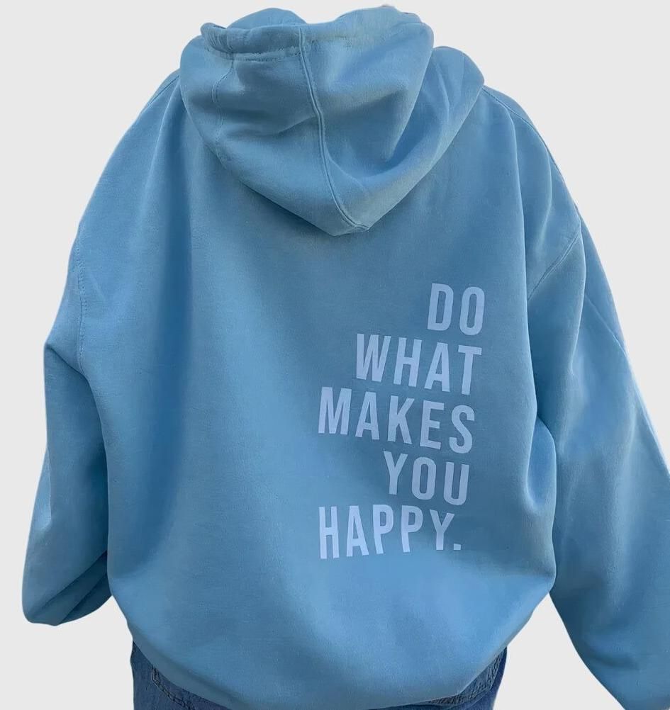 casual baby blue hoodie — drawstring hood, ribbed cuffs and hem, white text graphic on back