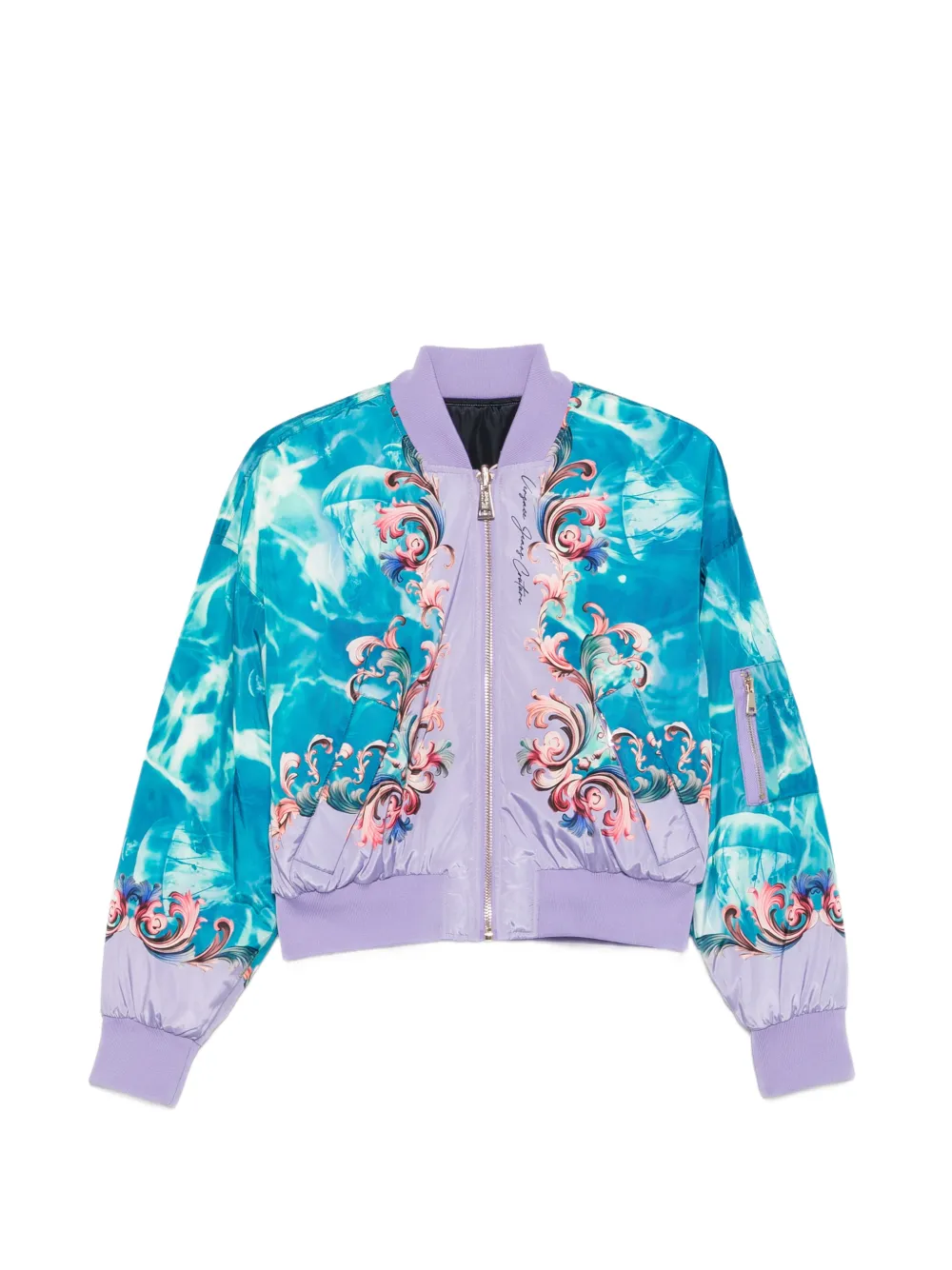 Versace Jeans Couture bomber jacket cropped, regular fit vibrant turquoise polyester Versace Jeans Couture split pattern; tie-dye like abstract blue/white pattern on s luxury streetwear, maximalist, contemporary