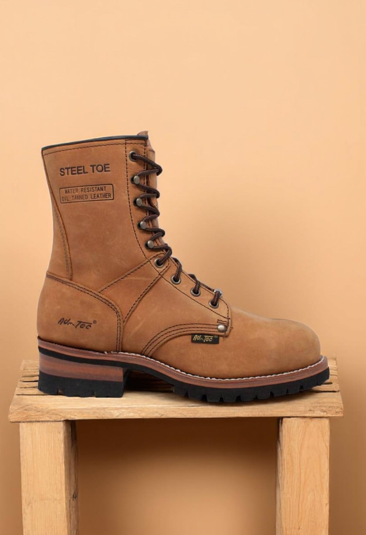 Ad-Tec tan brown work boot — steel toe, water resistant, lace-up, lug sole, stacked heel, contrast stitching, metal eyelets