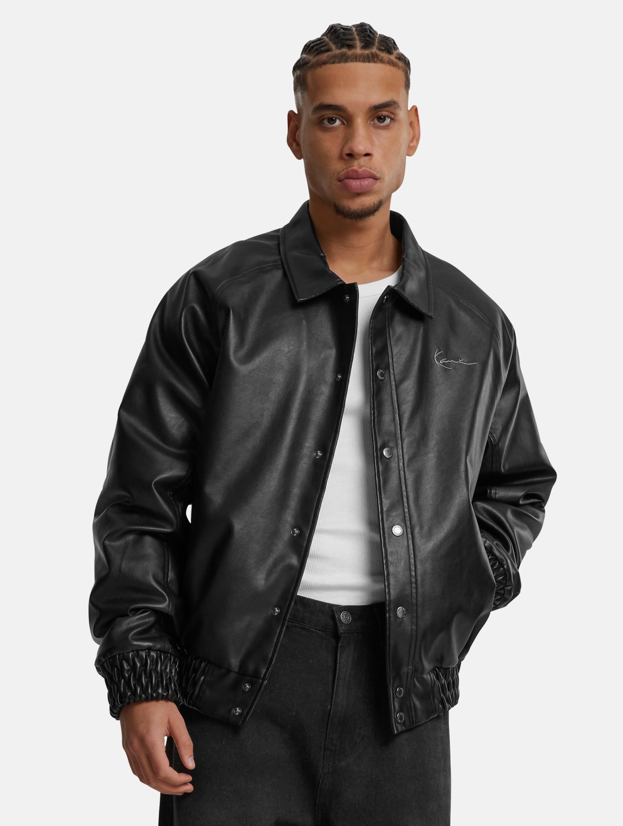 Karl Kani Black Leather Jacket — Collared, Snap-button Closure