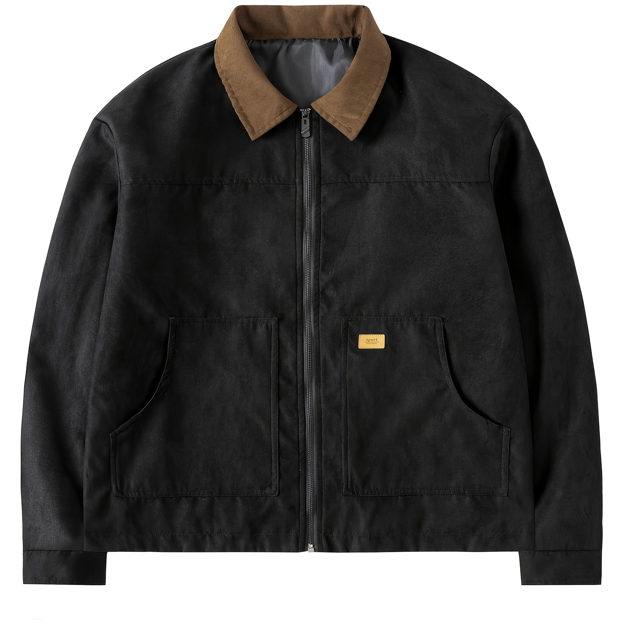 Casual Black and Brown Jacket — Contrast Brown Corduroy/suede Collar