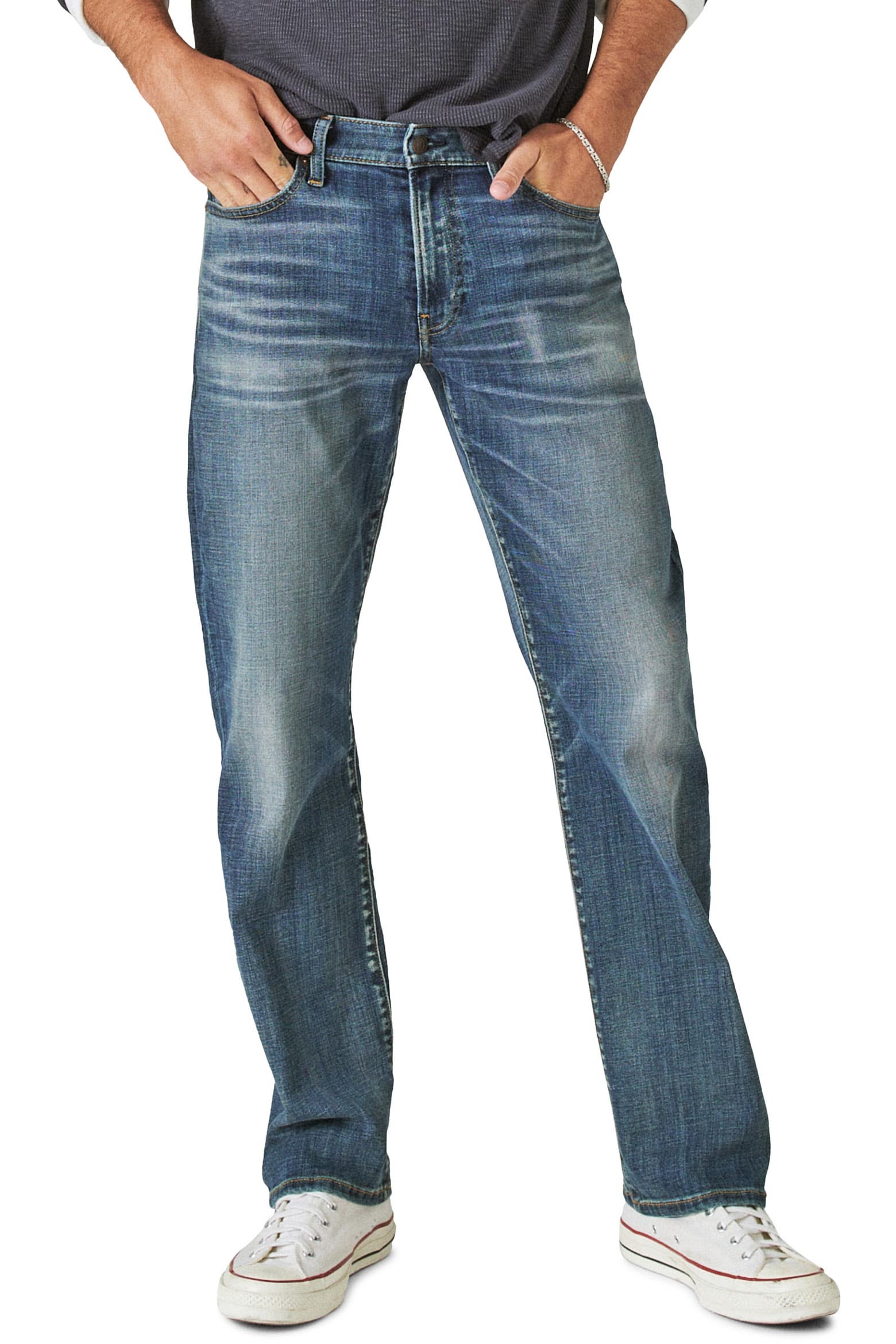 Casual Medium Wash Blue Jeans — Fading and Whiskering on Thighs