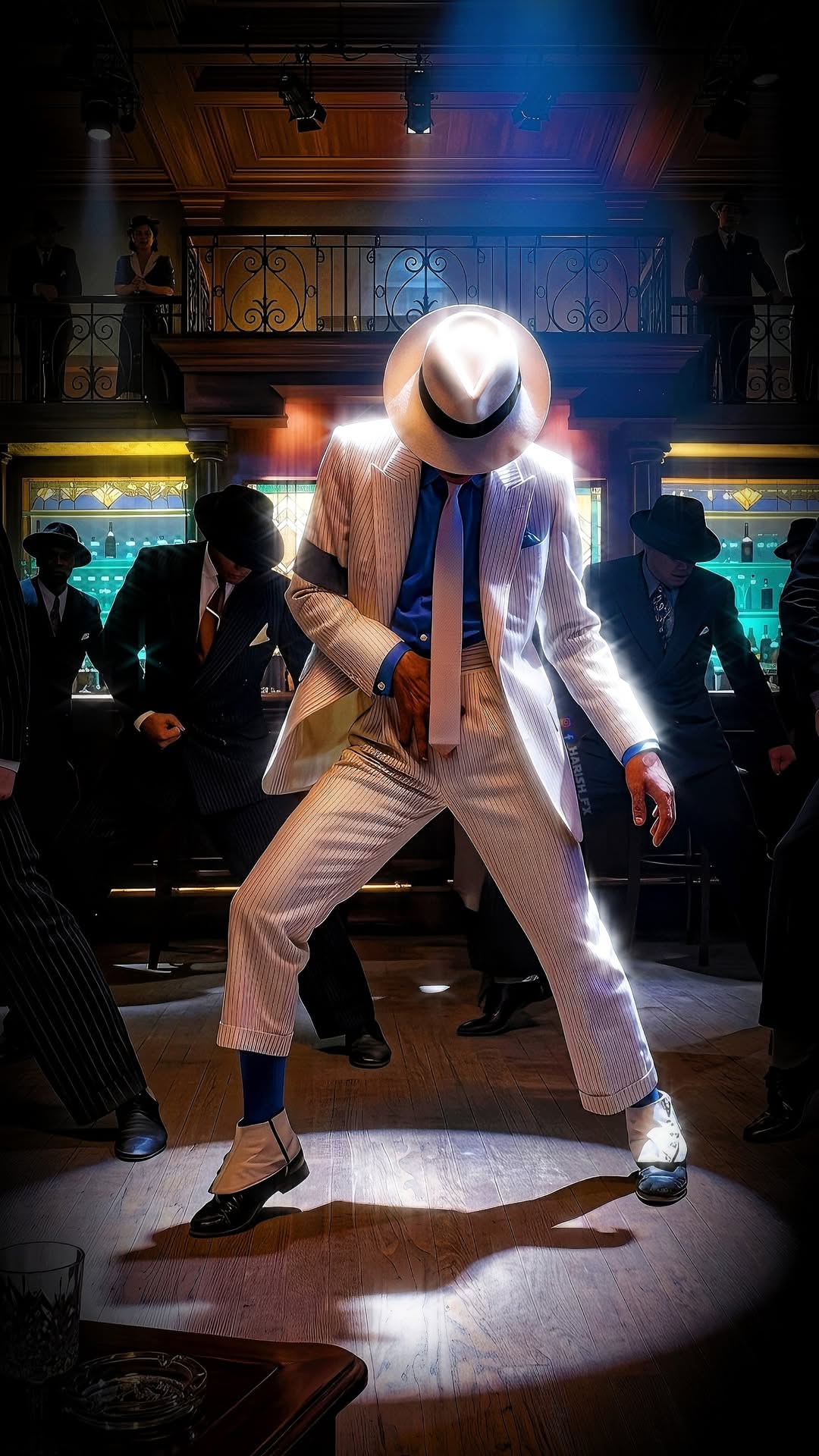 Michael Jackson white pinstripe men's suit — single-breasted jacket, peak lapels, blue dress shirt, light blue tie, armband, fedora hat, spats shoes
