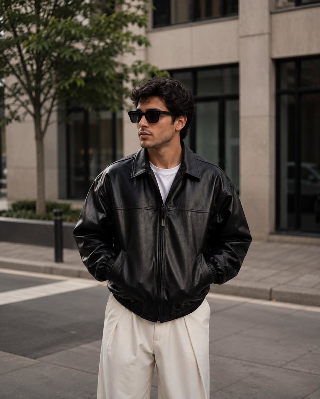 Streetwear Black Bomber Jacket — Shirt Collar, Full Zip Closure
