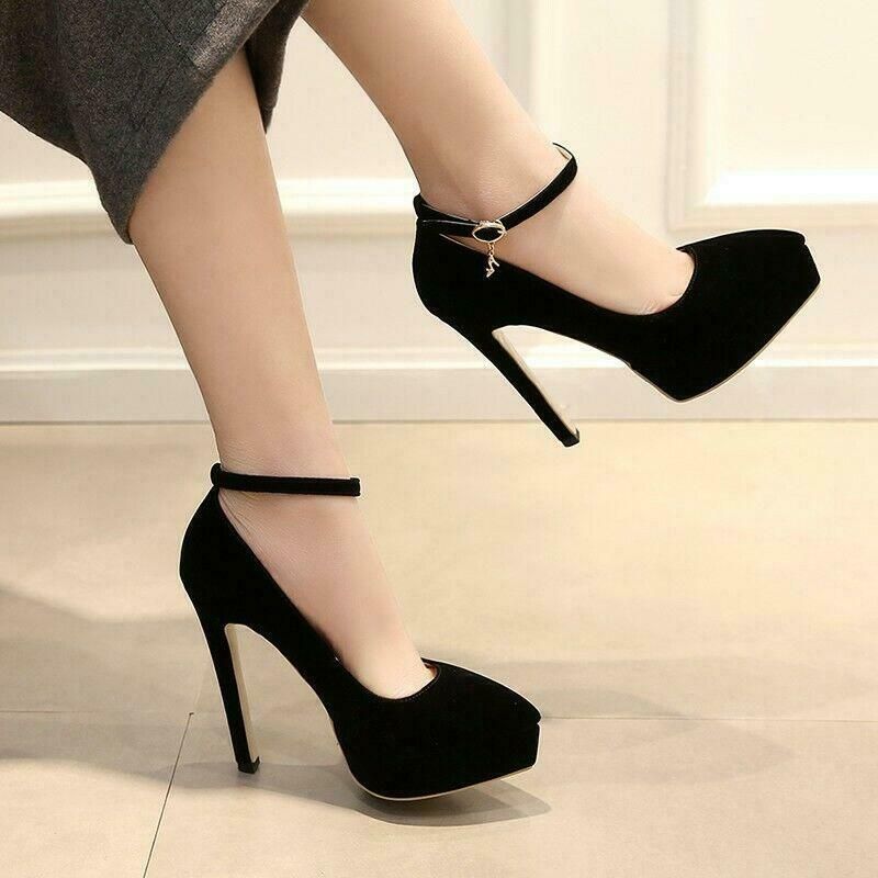 Classic Black Platform High Heels — Ankle Strap, Platform Sole