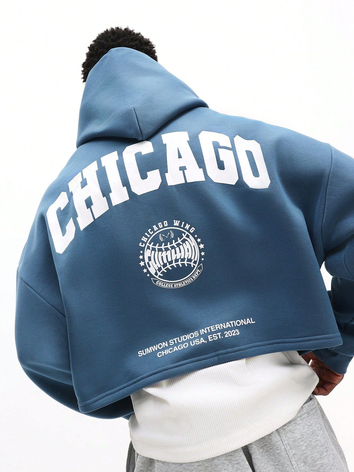SUMWON STUDIOS INTERNATIONAL teal blue hoodie — large 'CHICAGO' back print, collegiate graphic, drop shoulder, ribbed hem
