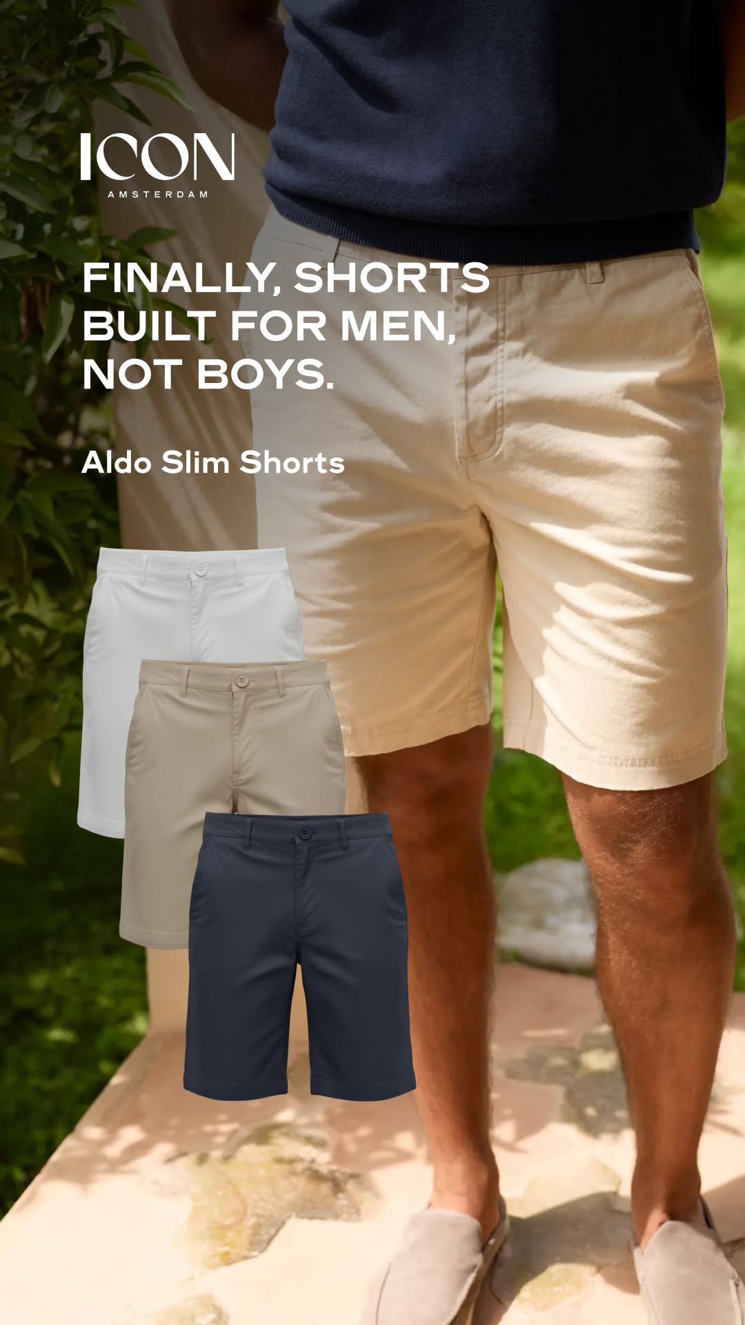 ICON AMSTERDAM Light Beige Shorts — Flat Front, Belt Loops, Button