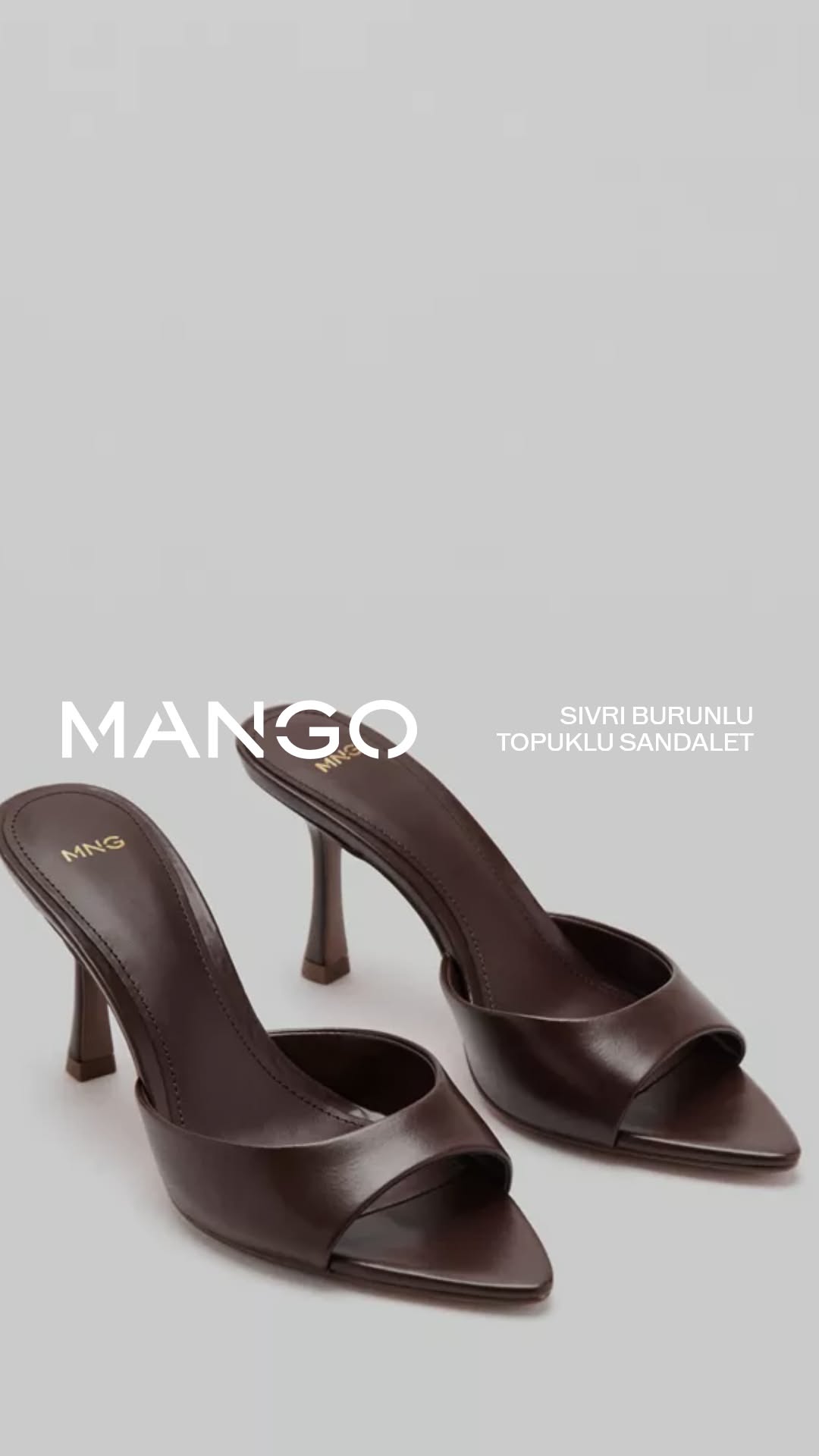 Mango dark brown heeled mules — pointed toe, wide vamp strap, flared heel, open back
