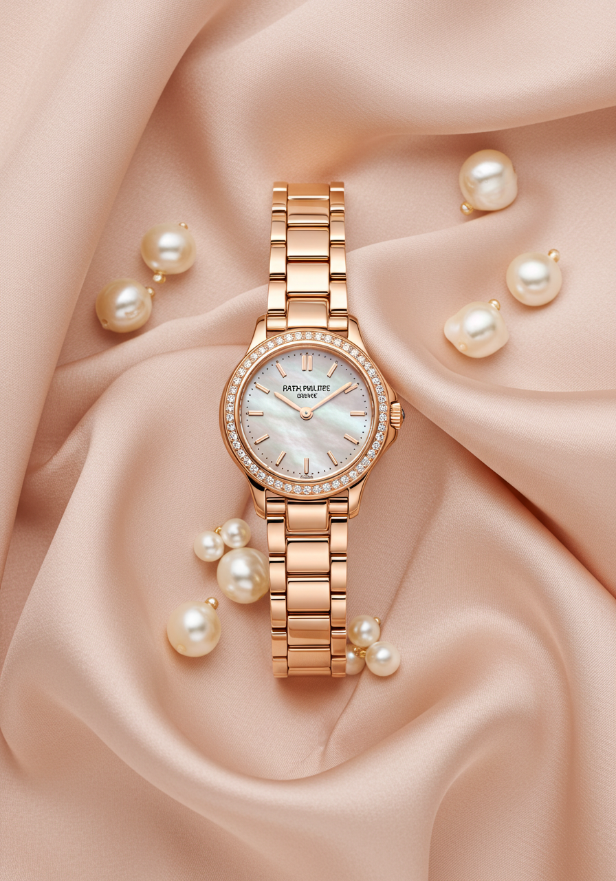 Patek Philippe rose gold wrist watch — diamond bezel, mother-of-pearl dial, rose gold hour markers, date window at 3 o'clock