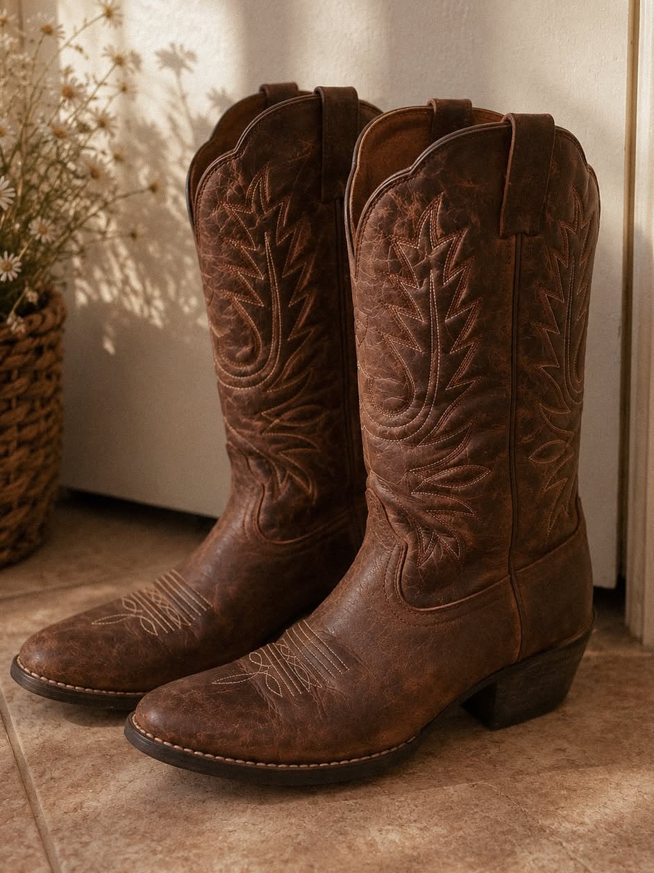 Ariat Distressed Brown Cowboy Boots — Four-row Stitch Pattern, R-toe