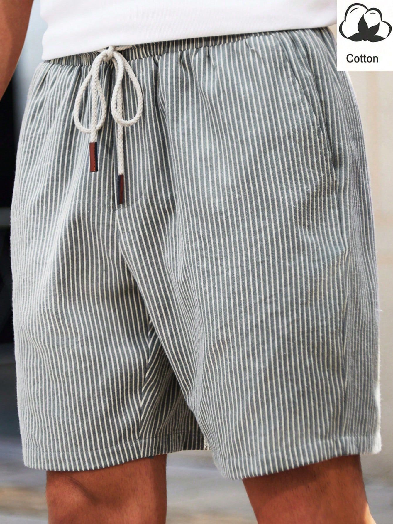 Casual Sage Green and White Striped Casual Shorts — Drawstring