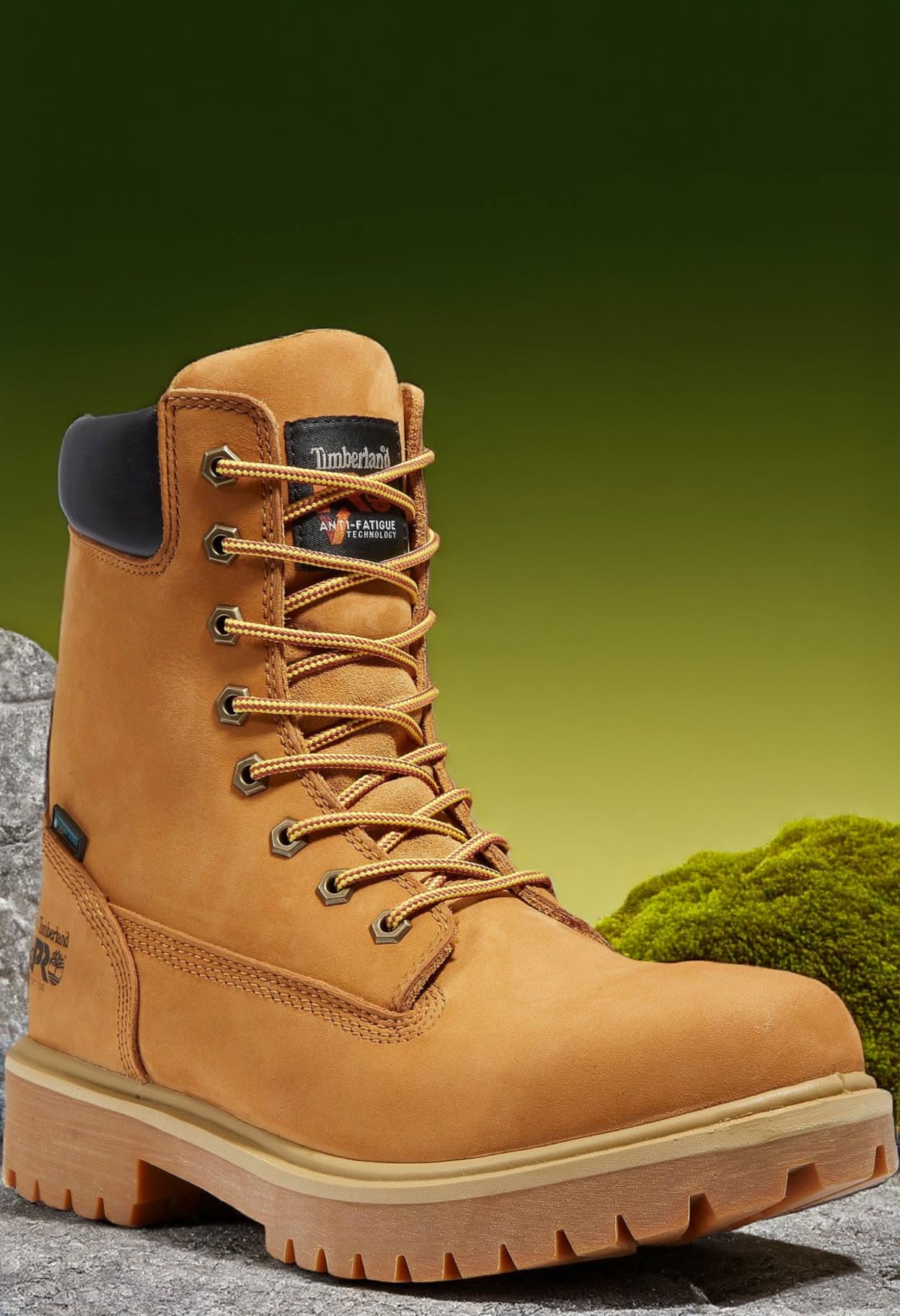 Timberland PRO wheat tan work boots — lace-up closure, padded collar, lug sole, waterproof, metal eyelets