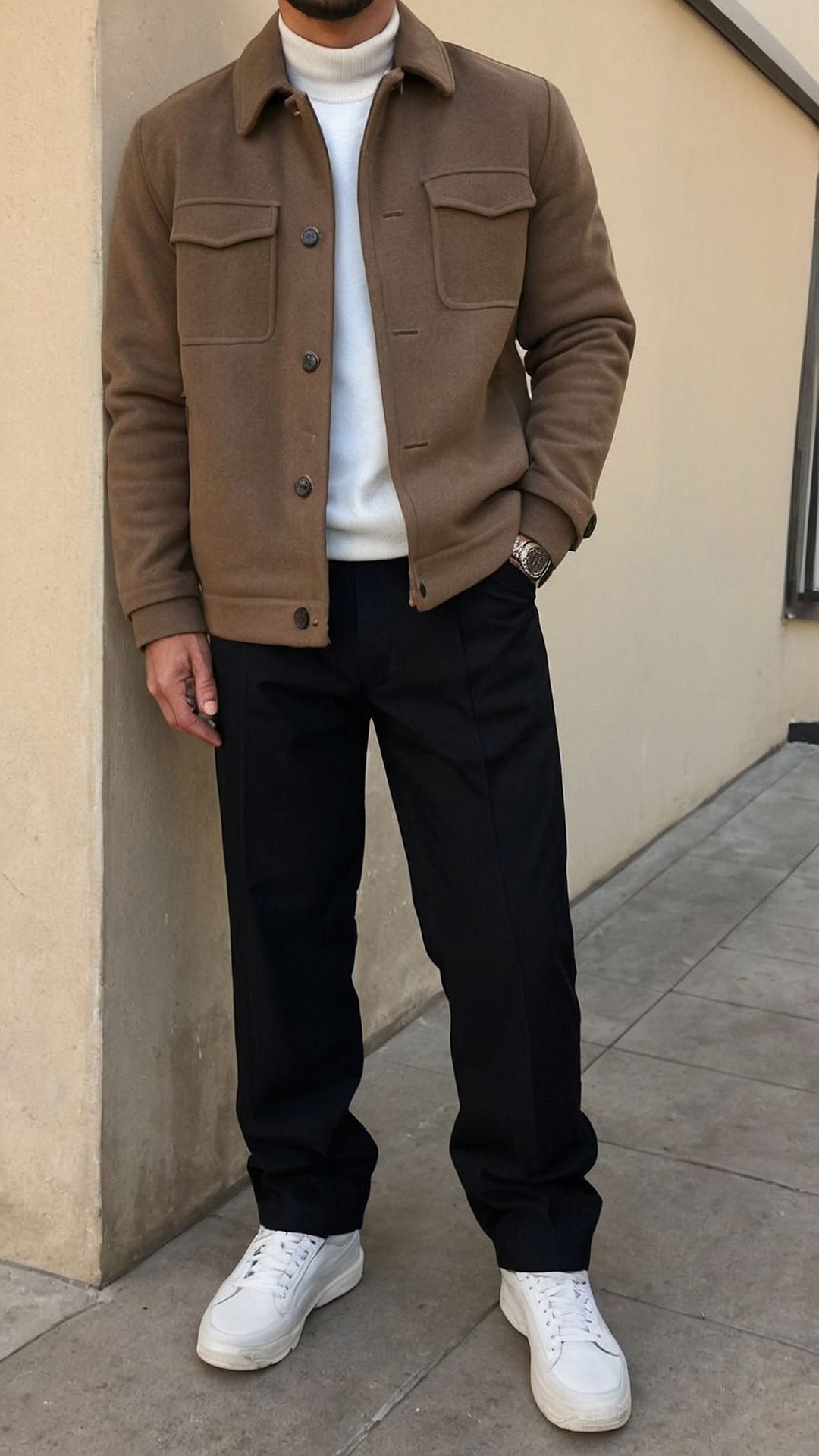 casual brown shacket — shirt collar, two buttoned chest pockets, button-front closure, buttoned cuffs