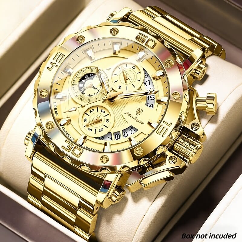 Poedagar Gold Metallic Wristwatch — Chronograph Subdials, Date
