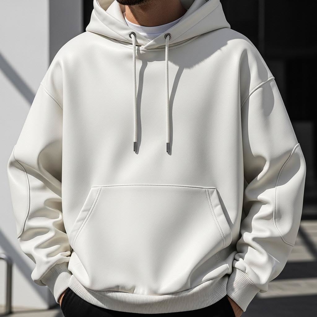 Streetwear Off-white Leather Hoodie — Drawstring Hood, Front Kangaroo