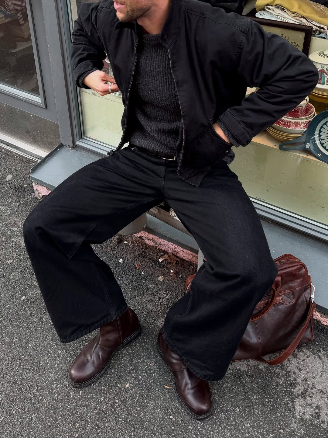 Casual Black Zip-up Jacket — Full Zip Front, Stand Collar, Ribbed