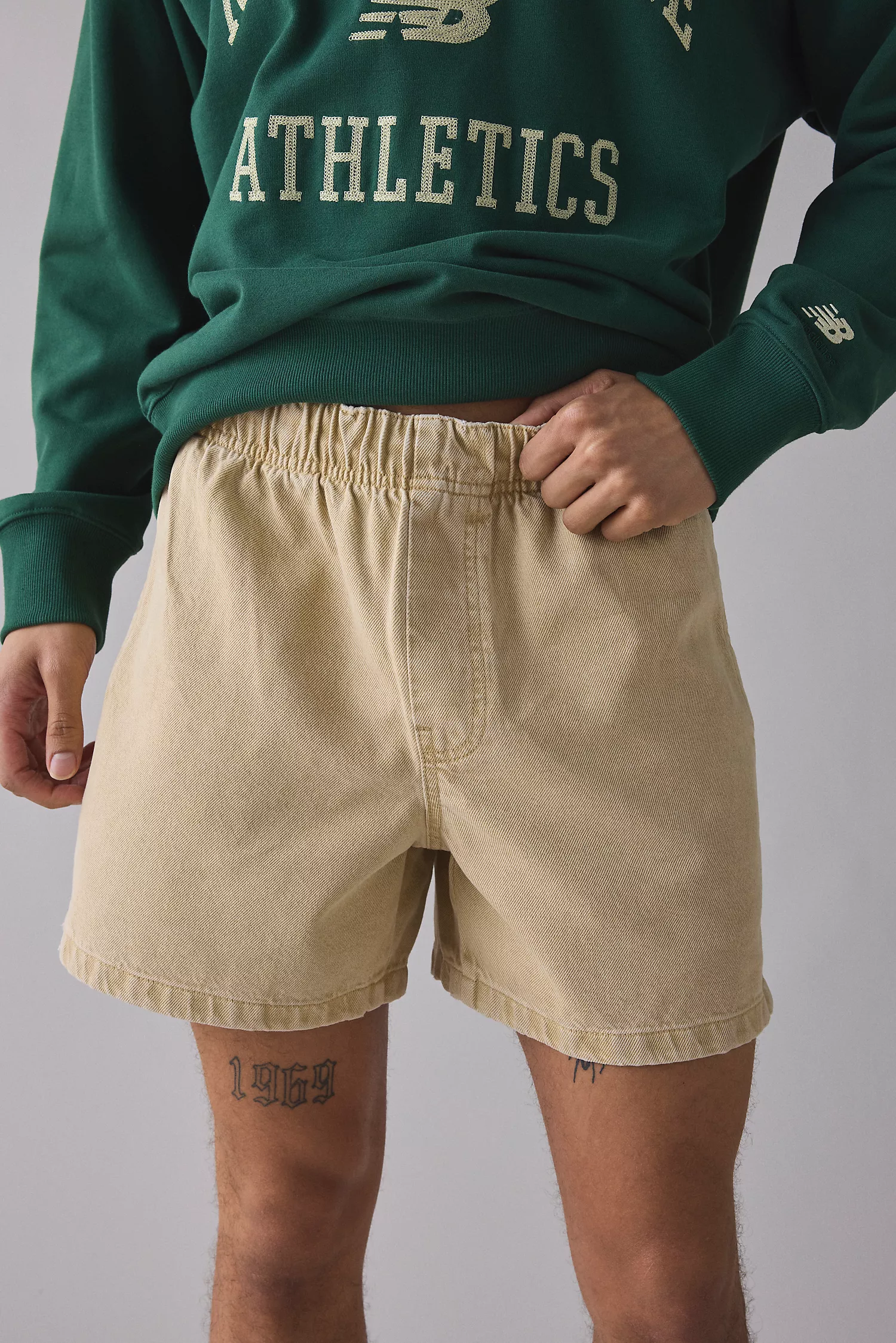 BDG Khaki Beige Denim Shorts — Elastic Waistband, Pull-on Style